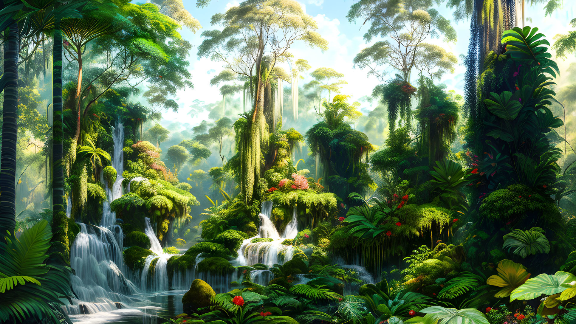 Tropical Forest with Waterfalls, Diverse Foliage & Sunlight