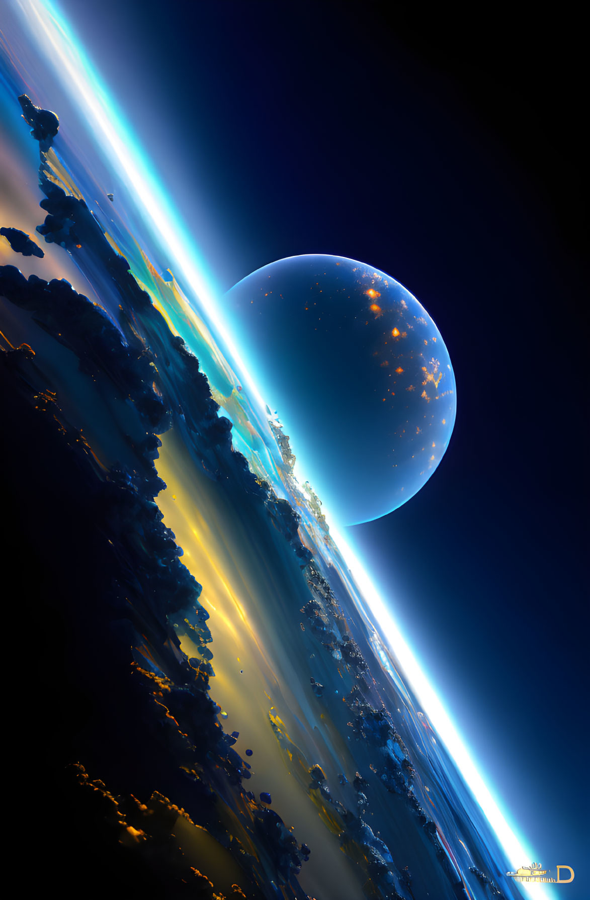 Digital artwork: Planet rising over celestial horizon with glowing atmosphere