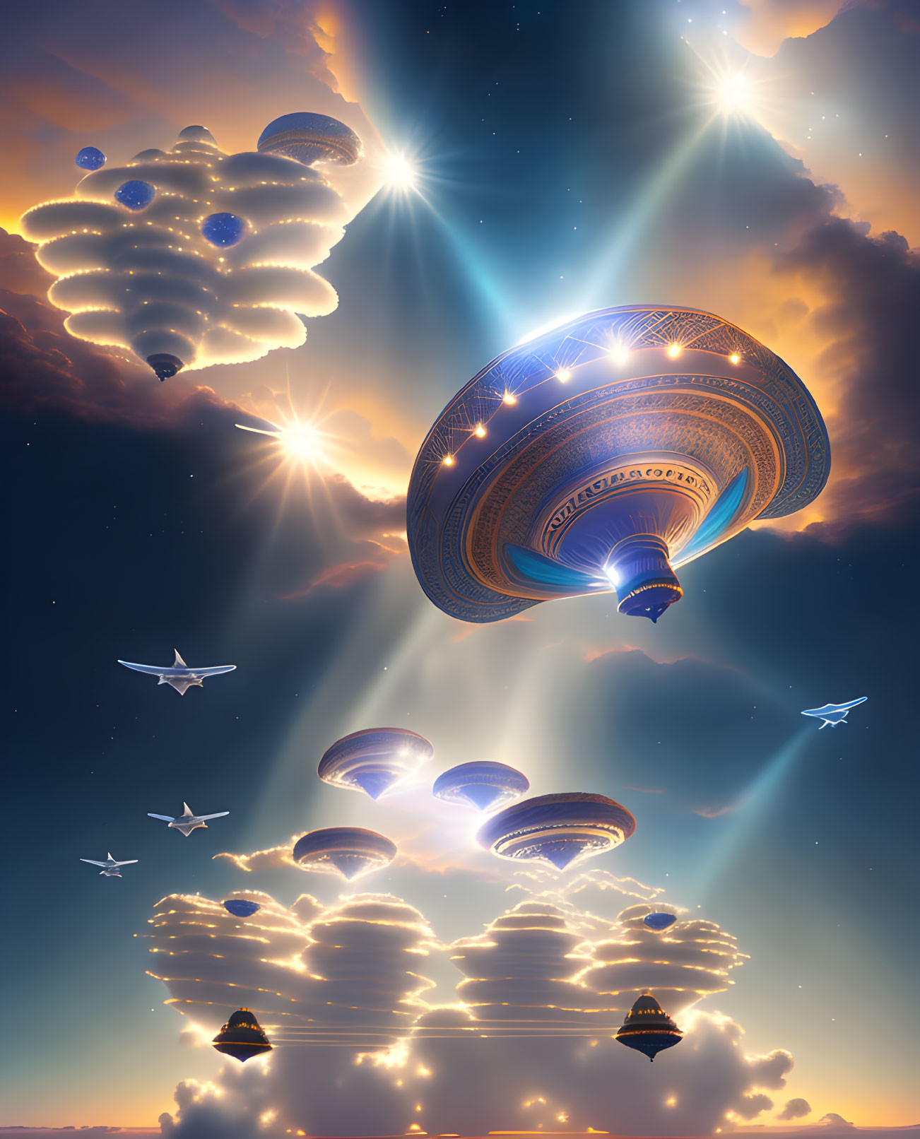 Fantastical sky with airships, floating islands & celestial bodies