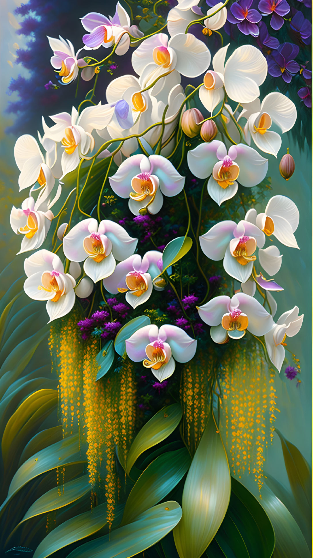 Detailed Painting of White and Purple Orchids with Yellow Centers and Green Foliage