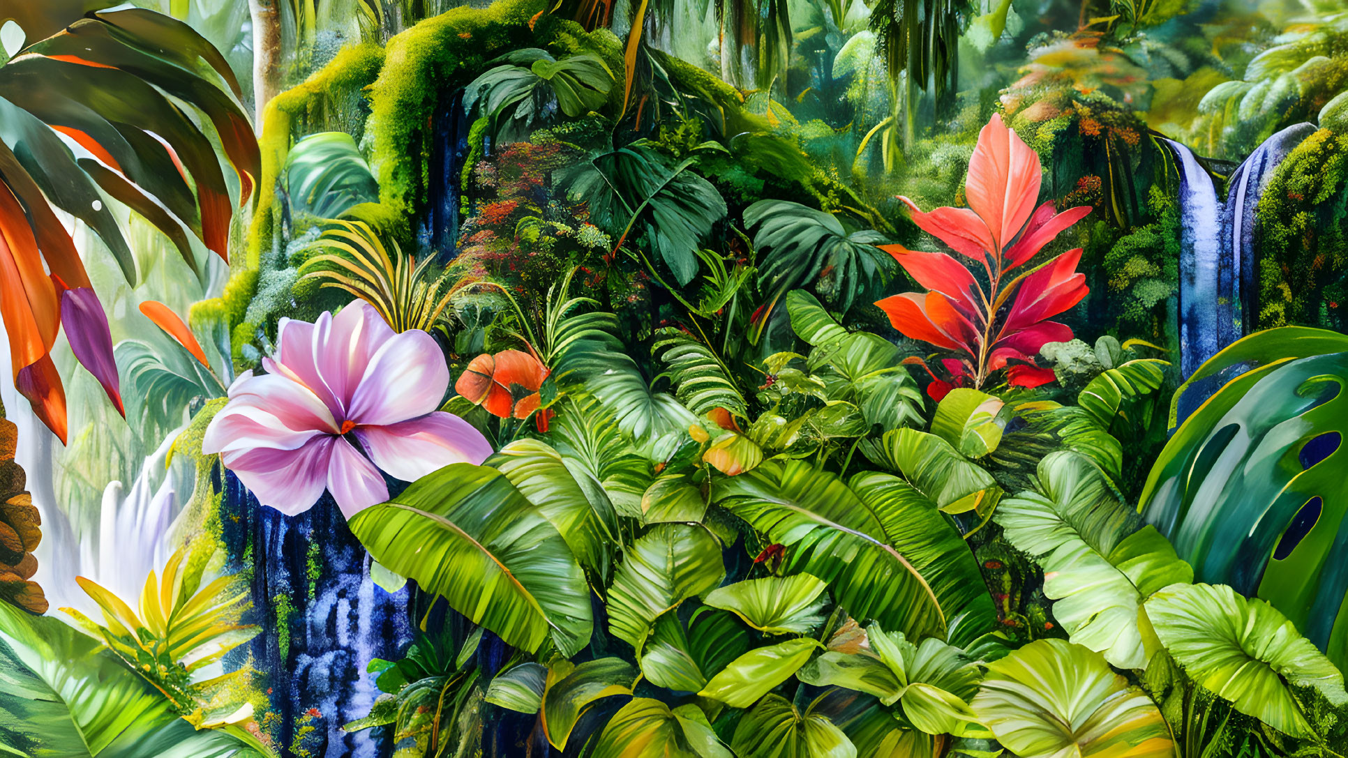 Colorful Tropical Mural with Greenery, Flowers & Waterfalls