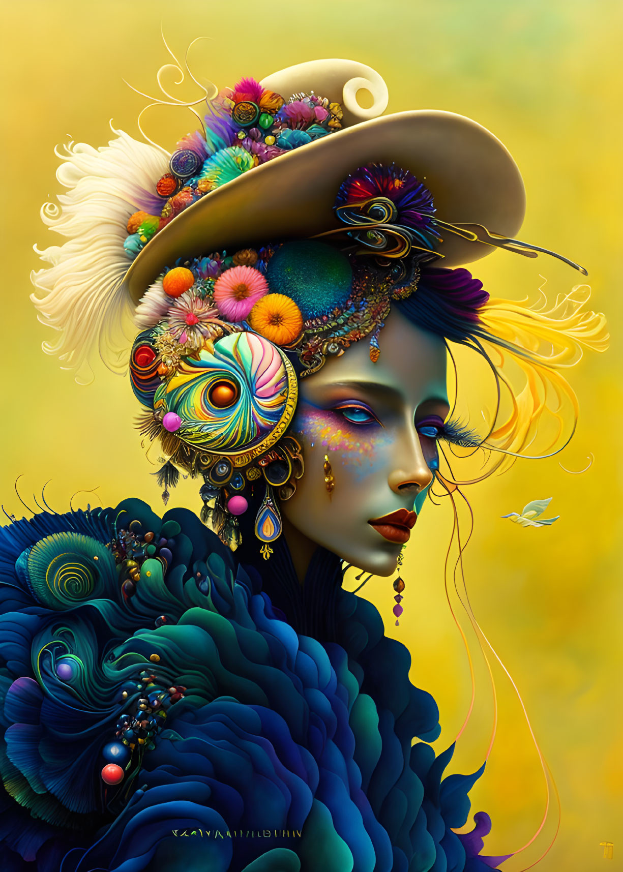 Colorful illustration: Woman with peacock feather hat and jewelry on yellow backdrop