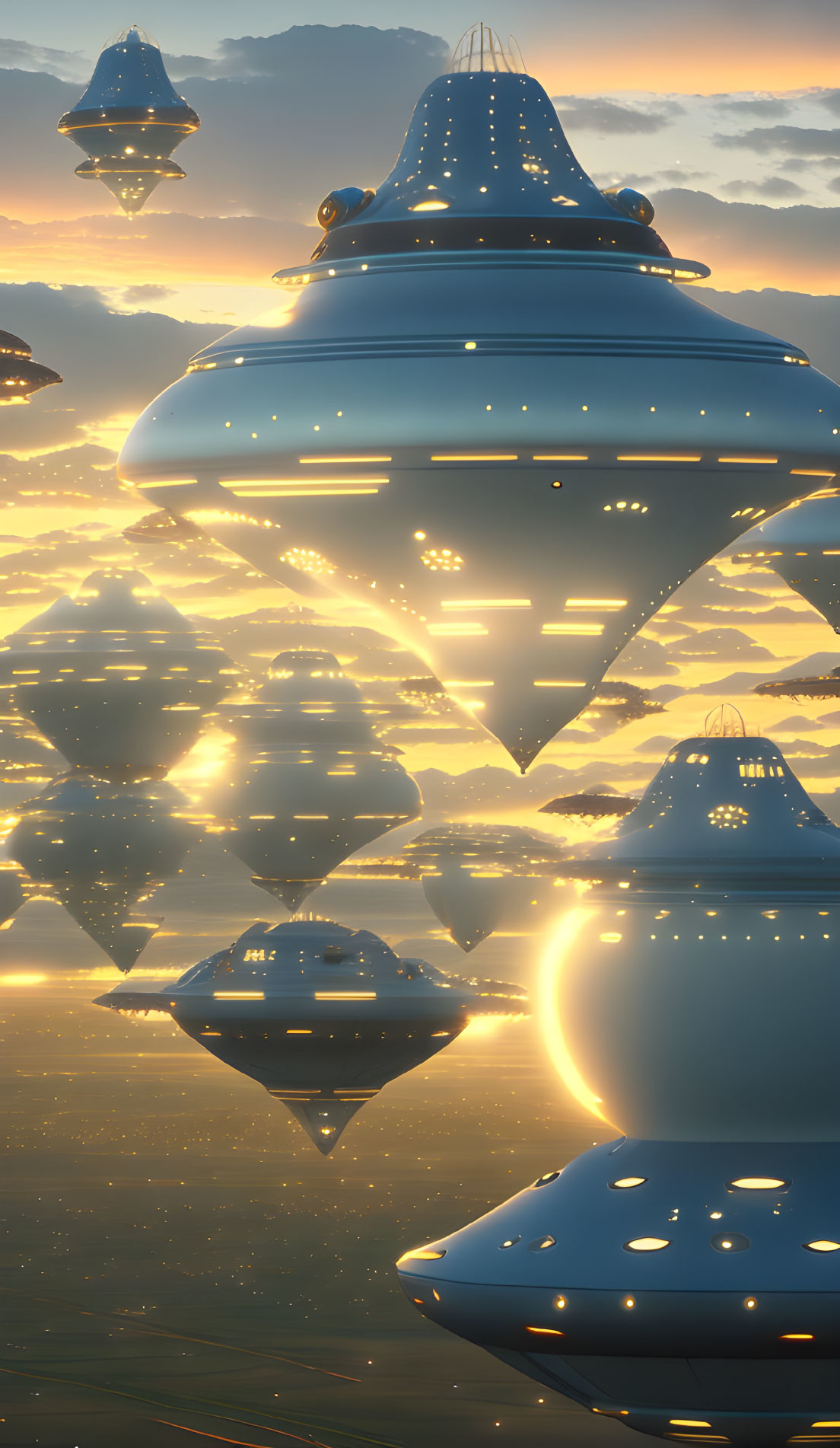 Futuristic UFO fleet in sky at sunrise with clouds.