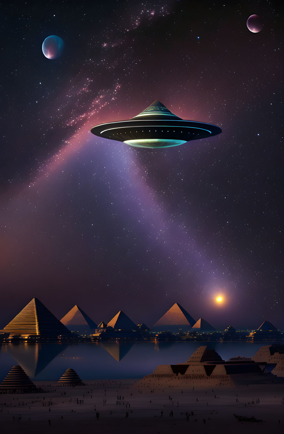 Unidentified Flying Object above Egyptian Pyramids at Night