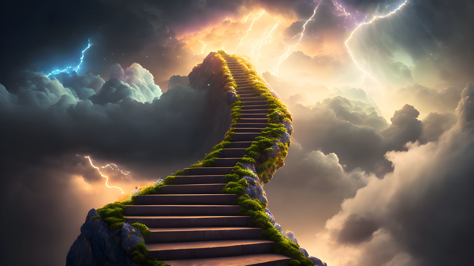 Mystical staircase in stormy clouds with radiant cosmic event