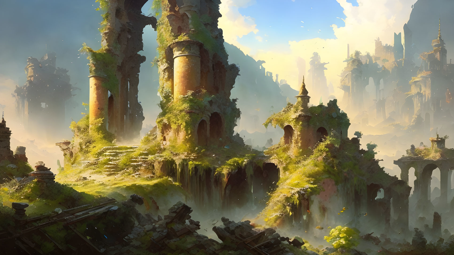 Ancient towering ruins in lush greenery under hazy sunlight