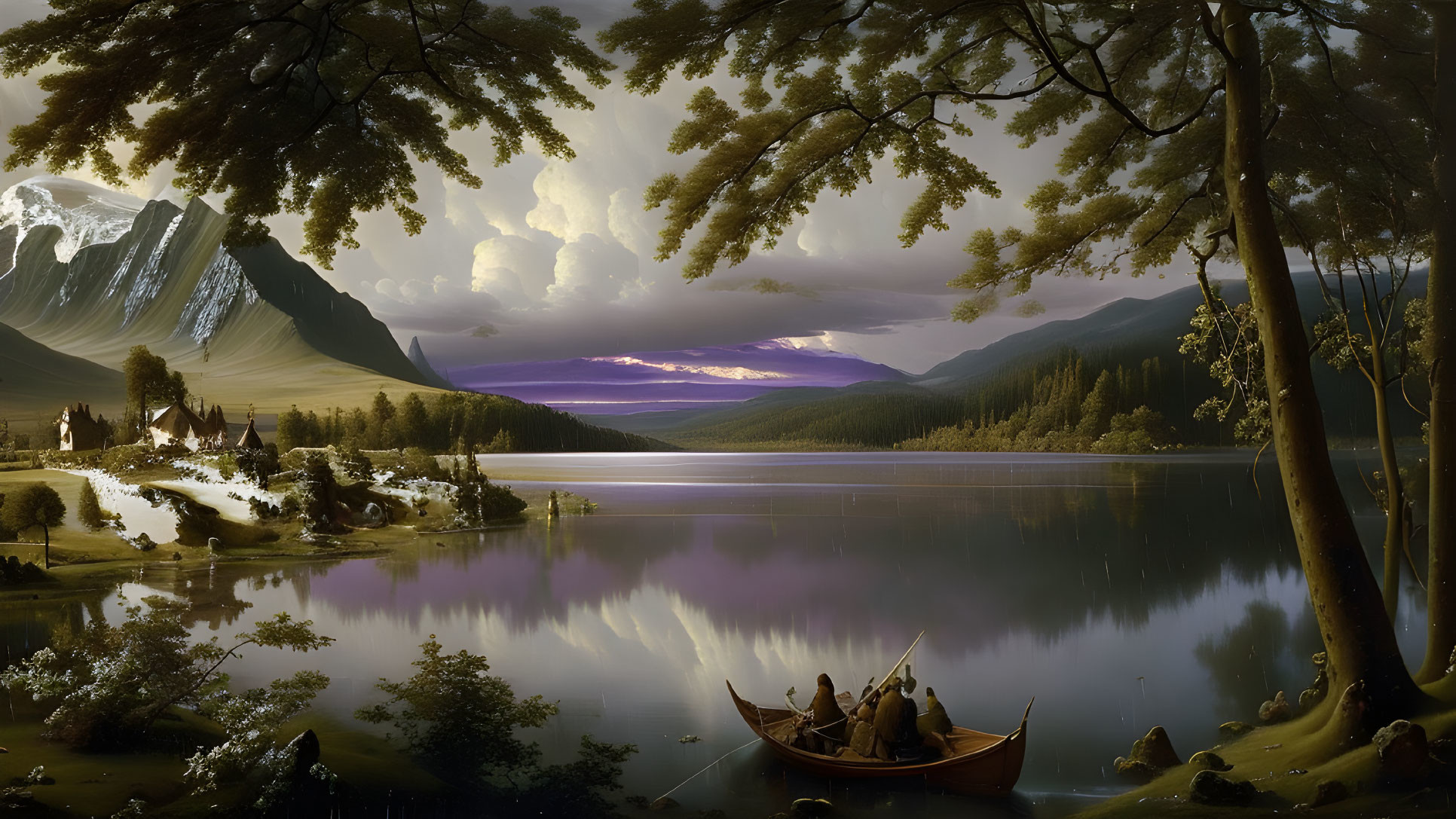 Tranquil lake scene with boat, trees, cottages, and mountains at dusk