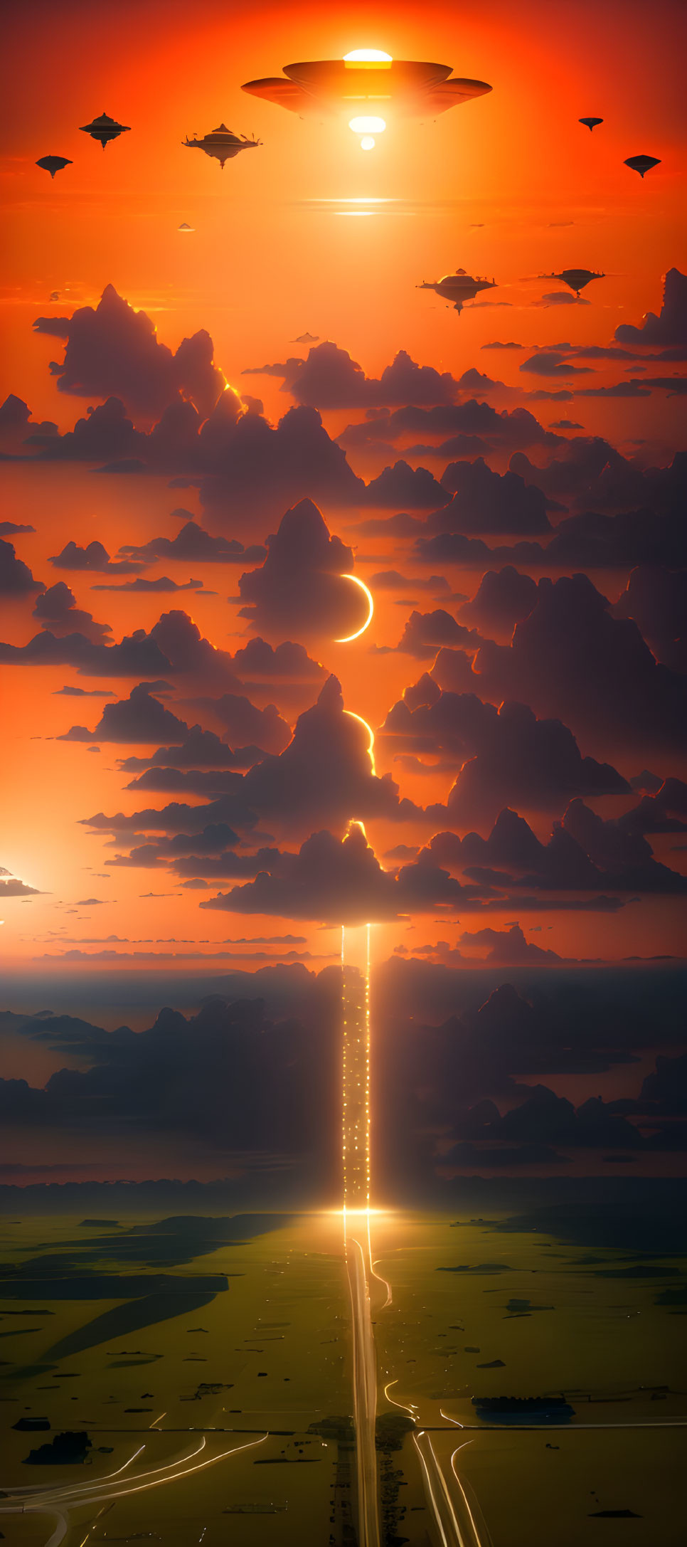 Sci-fi scene: UFOs in sunset sky emitting beam on highway with eclipse in cloud-filled landscape