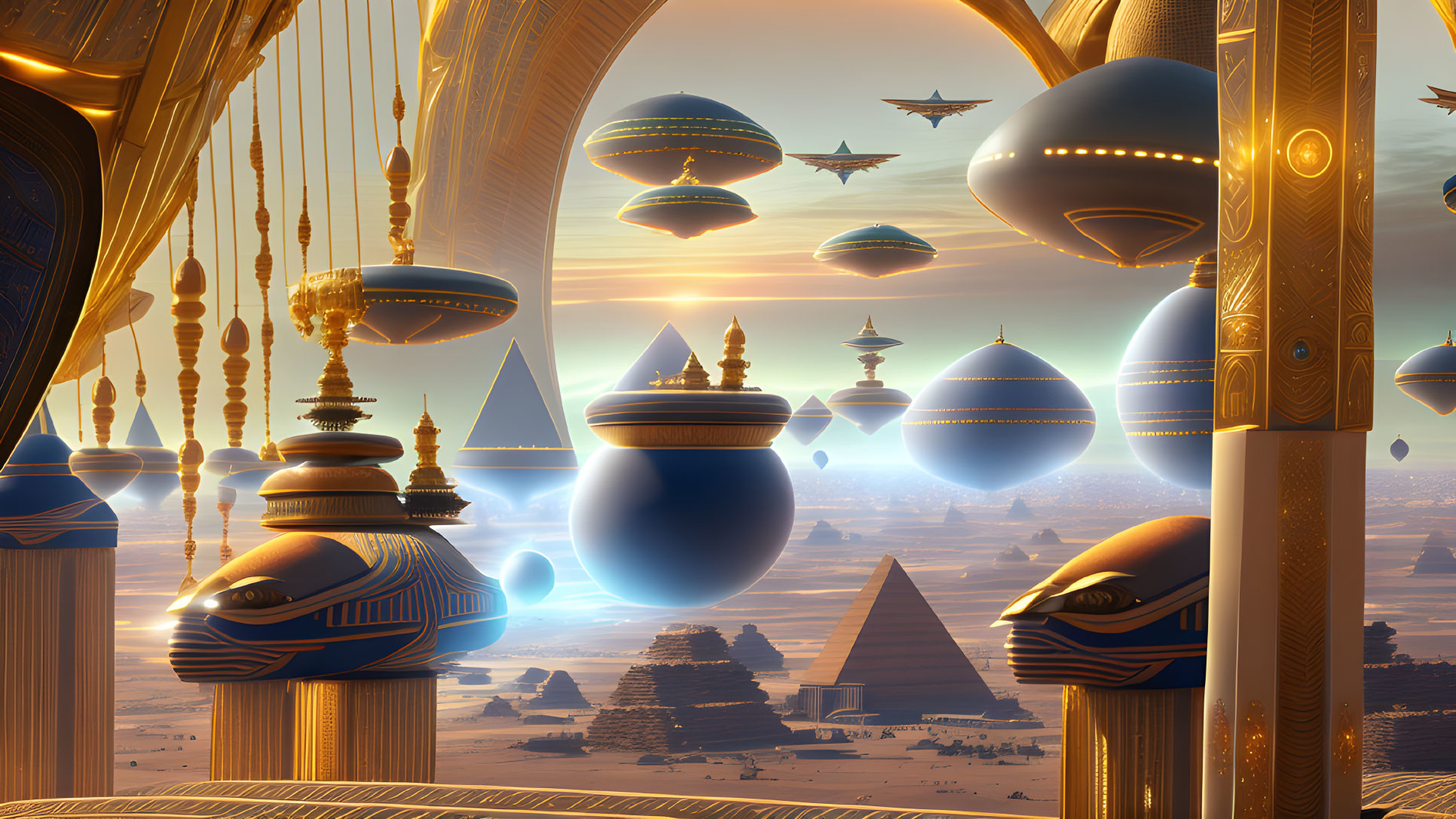 Futuristic landscape with Egyptian and sci-fi fusion: pyramids, orbs, golden cityscape