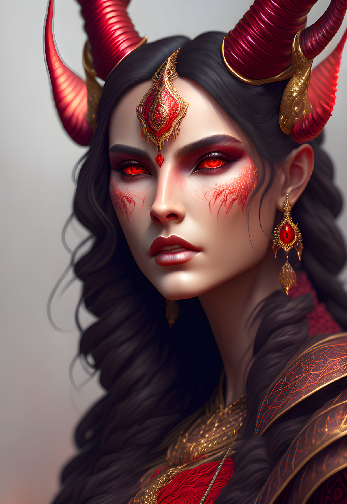 Detailed illustration of woman with horns, face markings, & ornate jewelry portraying mystical aura