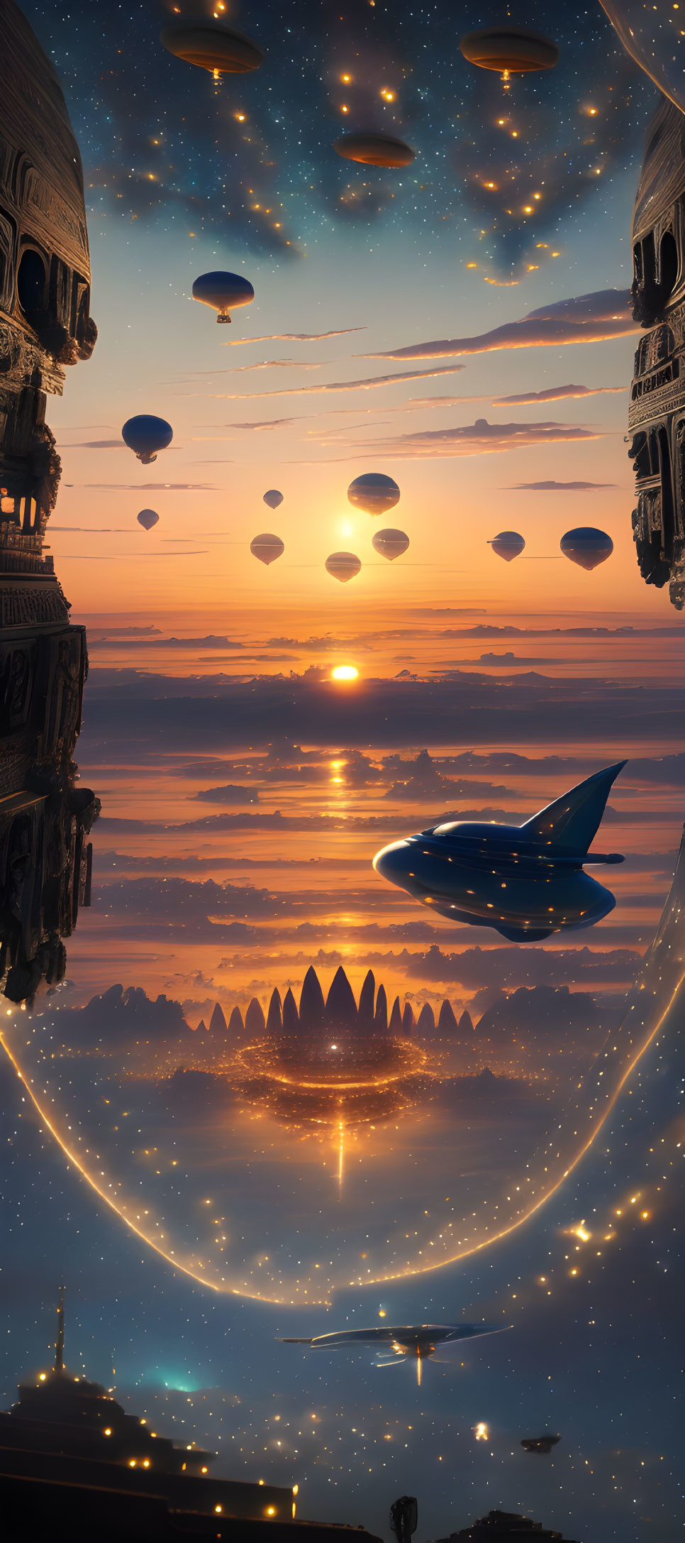 Fantastical sunset with airships, futuristic cities, and glowing portal