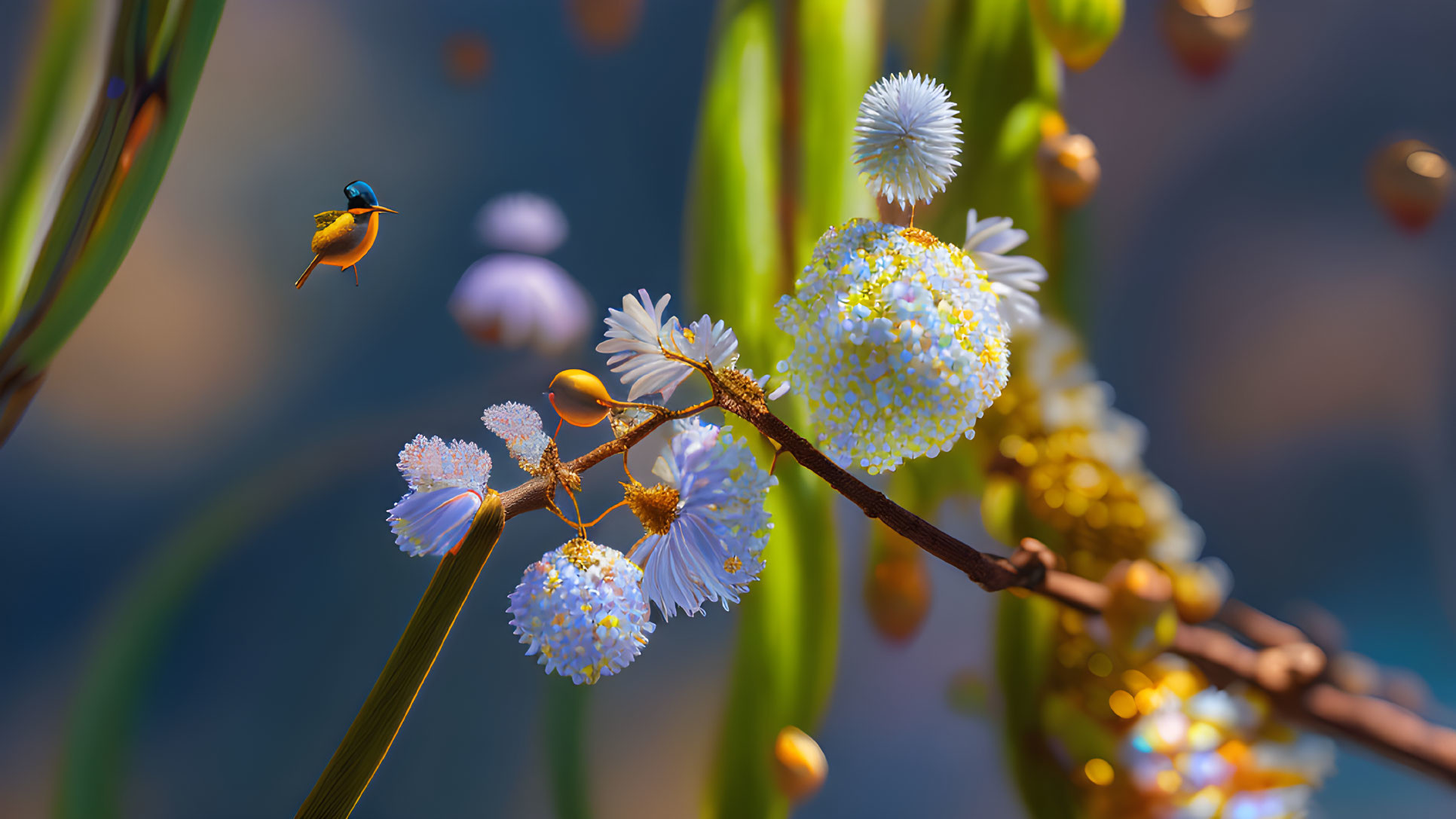 Colorful bird near white flowers with dewdrops on soft-focus background.