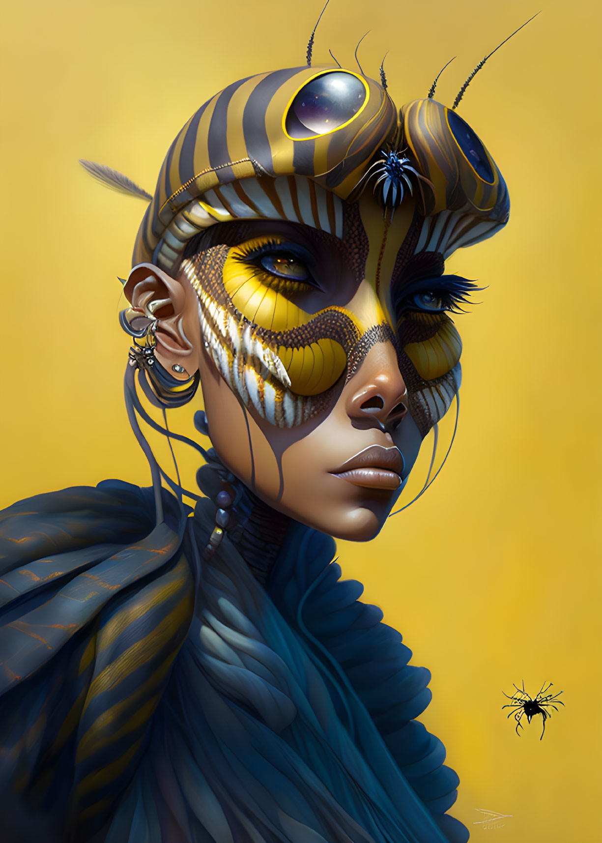 Digital art portrait of woman with bee-inspired makeup and antenna on yellow background