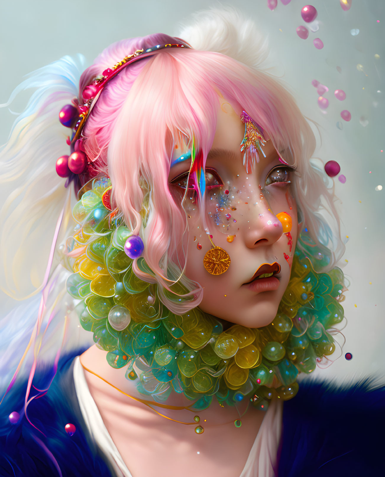 Digital portrait of a person with pastel pink hair and colorful beads, surrounded by translucent bubbles.