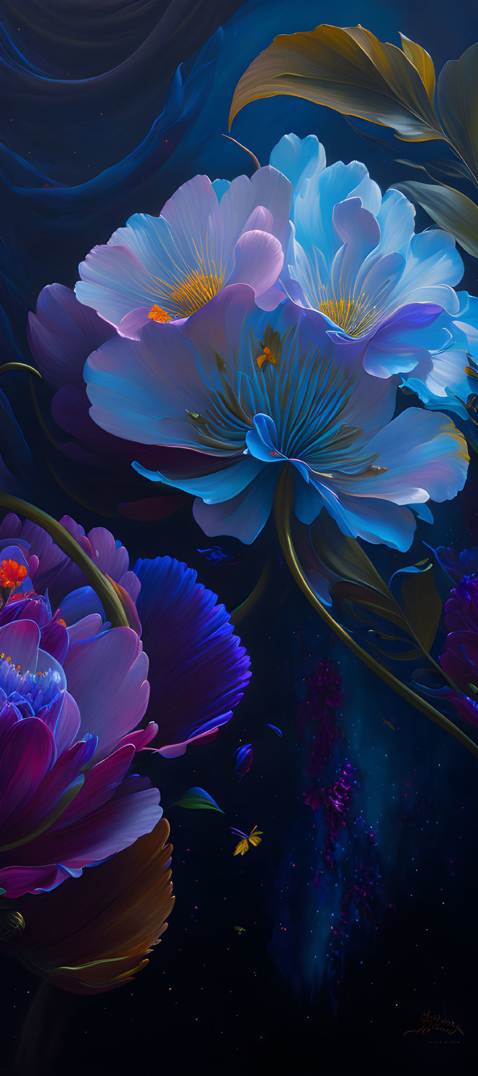 Vibrant blue and purple oversized flowers on cosmic background