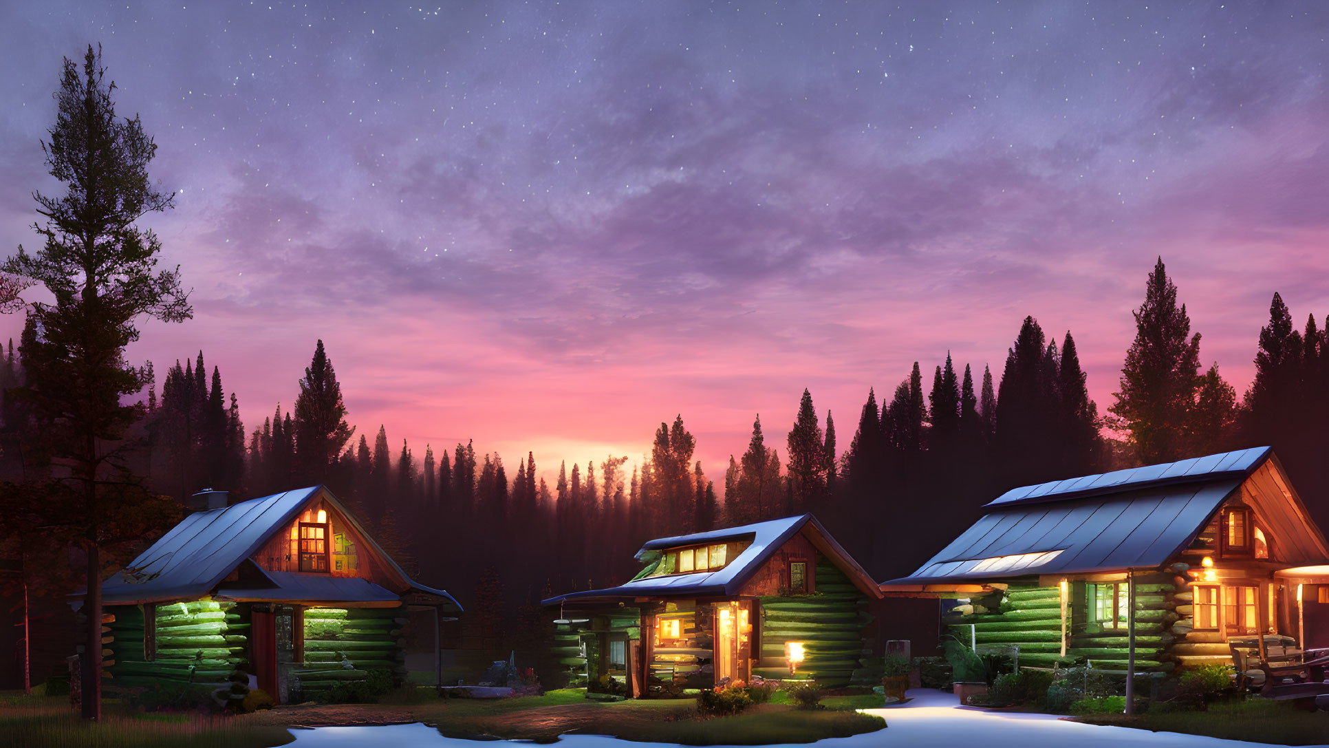 Twilight scene: Cozy log cabins, tall pine trees, starry sky, vibrant sunset