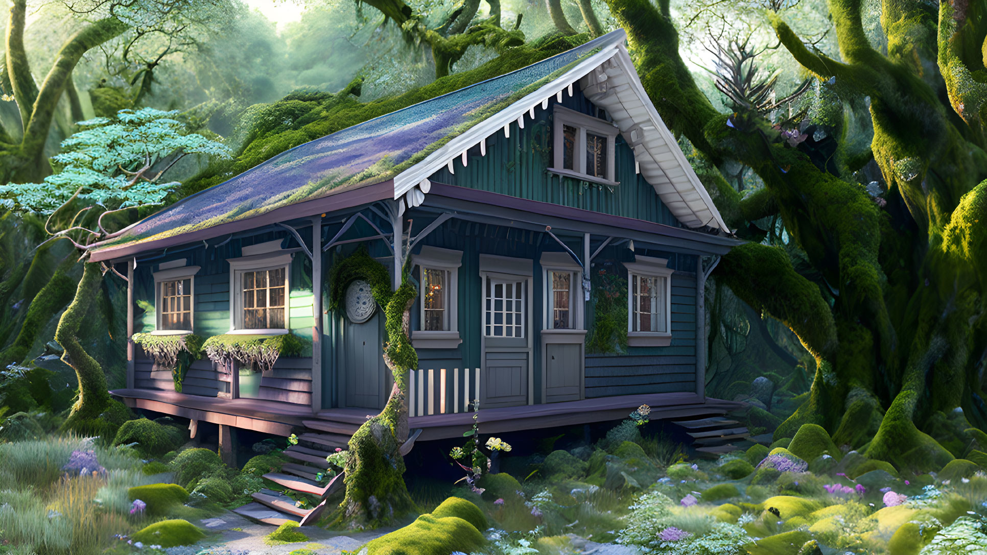 Rustic wooden cottage in lush green forest