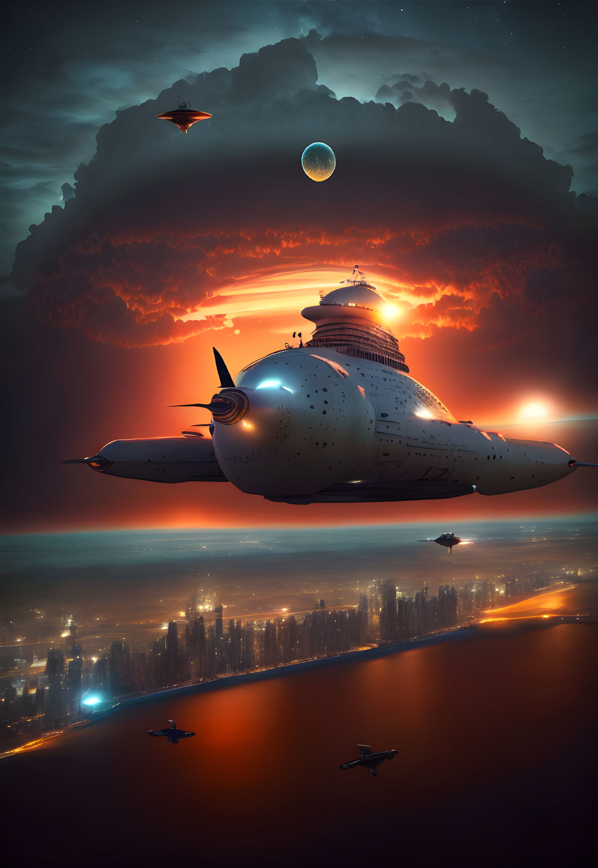 Large spaceship lands near coastal city at sunset, with alien sky and celestial bodies.