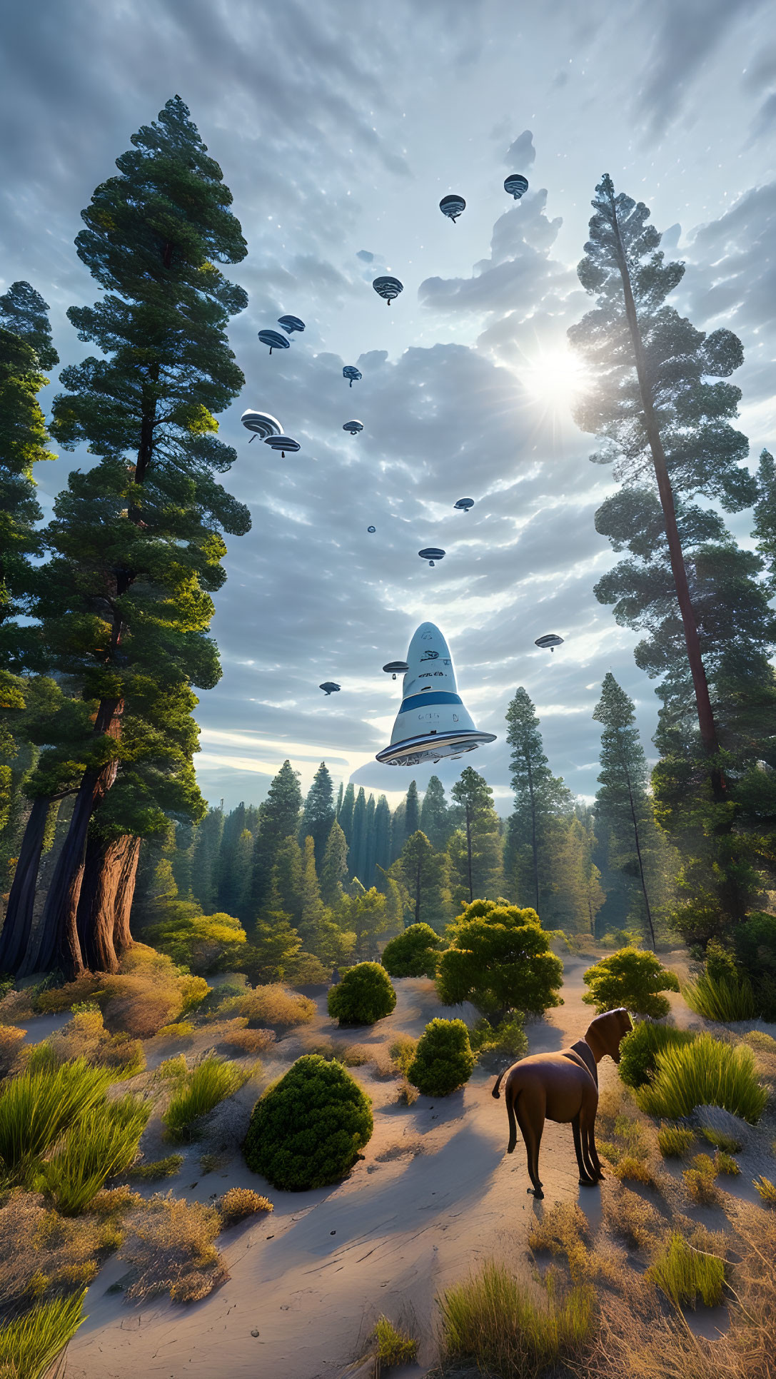 Forest landscape with horse, trees, hot air balloons, and UFO.