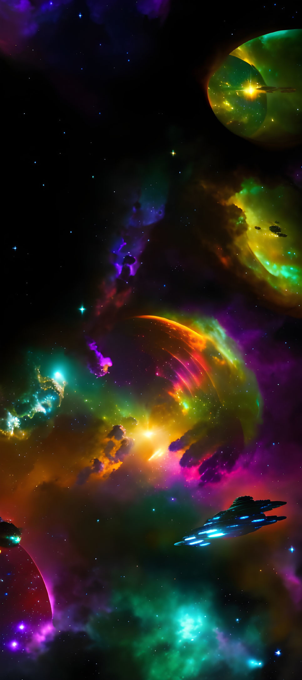 Colorful cosmic artwork featuring swirling galaxies, star clusters, and futuristic spaceship.