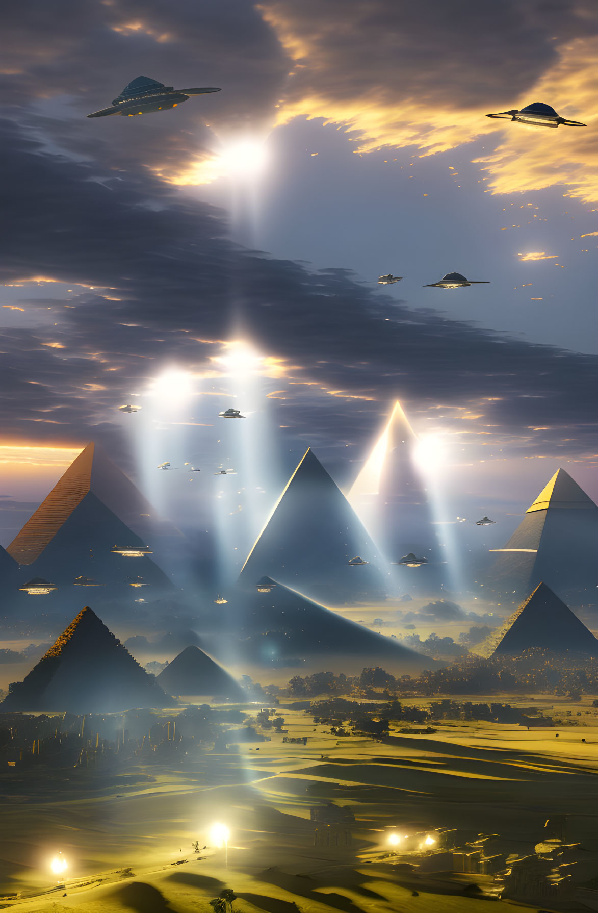 Sci-fi scene: UFOs over Egyptian landscape with pyramids & beams of light