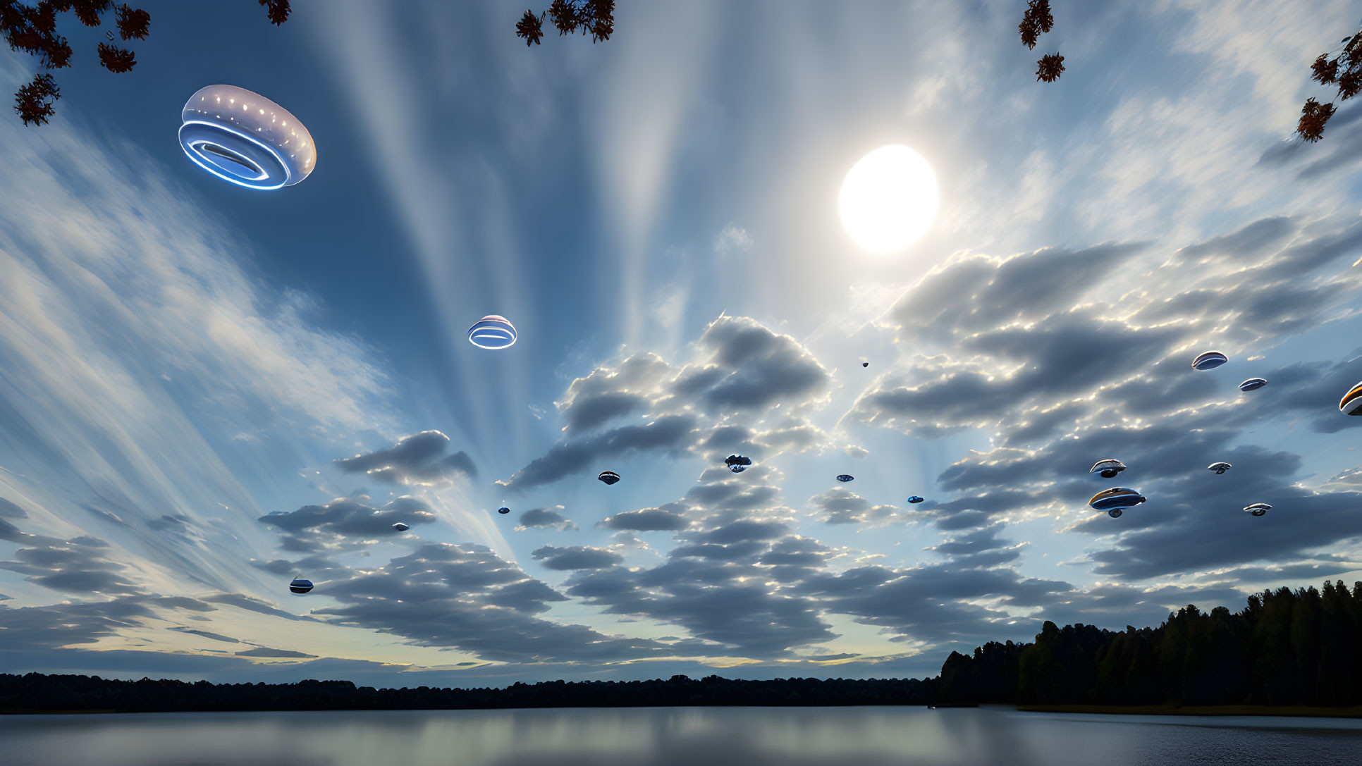 Lakeside landscape with UFO invasion under a sunny sky