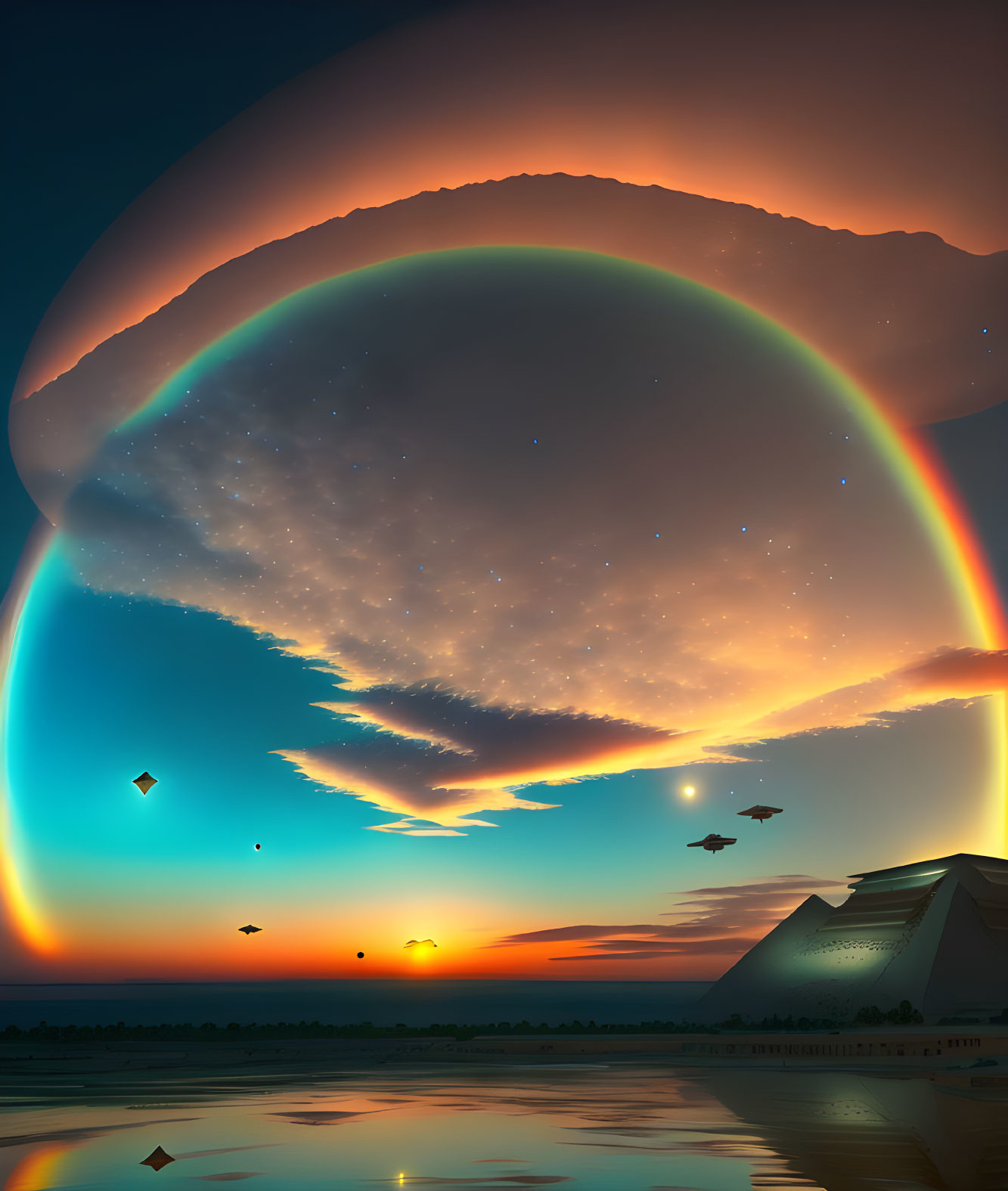 Multicolored rainbow arc over geometric shapes and silhouetted pyramids at sunset