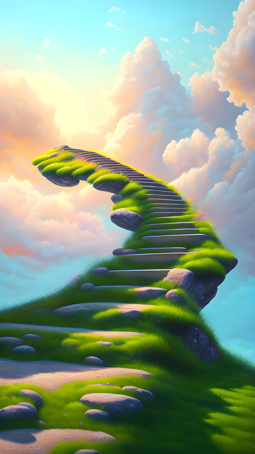 Grass-Covered Staircase Ascending into Sunset Sky