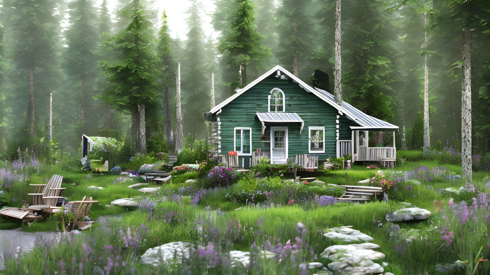 Blue Wooden Cabin Surrounded by Forest Clearing and Blooming Flowers