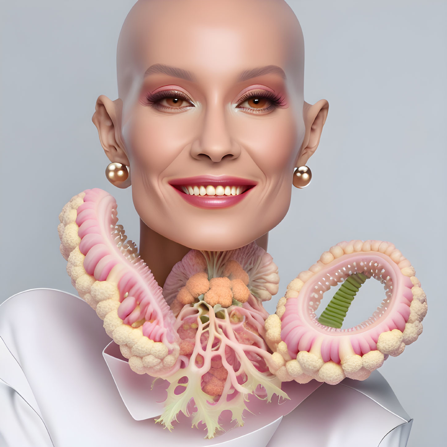 Surreal portrait with smiling person and fractal-like neck structure