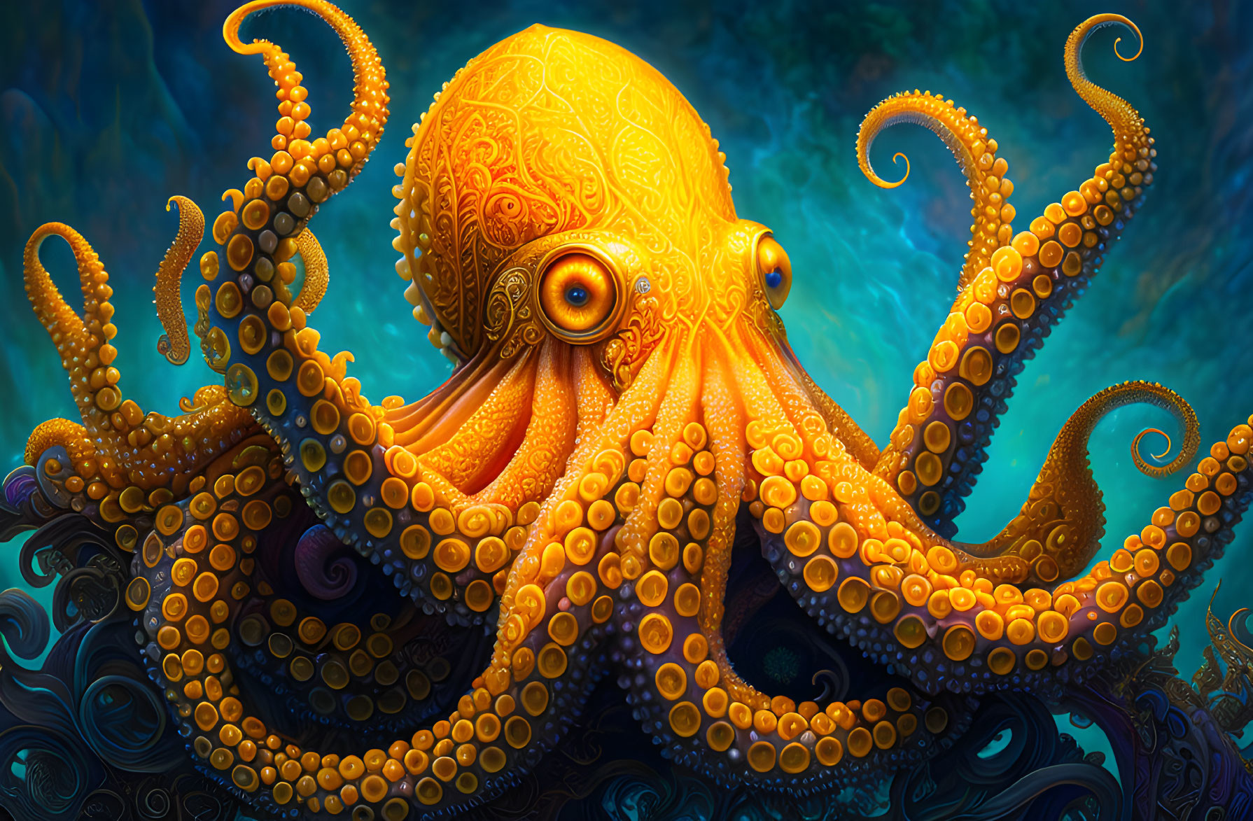 Vivid Orange Octopus with Swirling Tentacles in Dark Blue Aquatic Scene