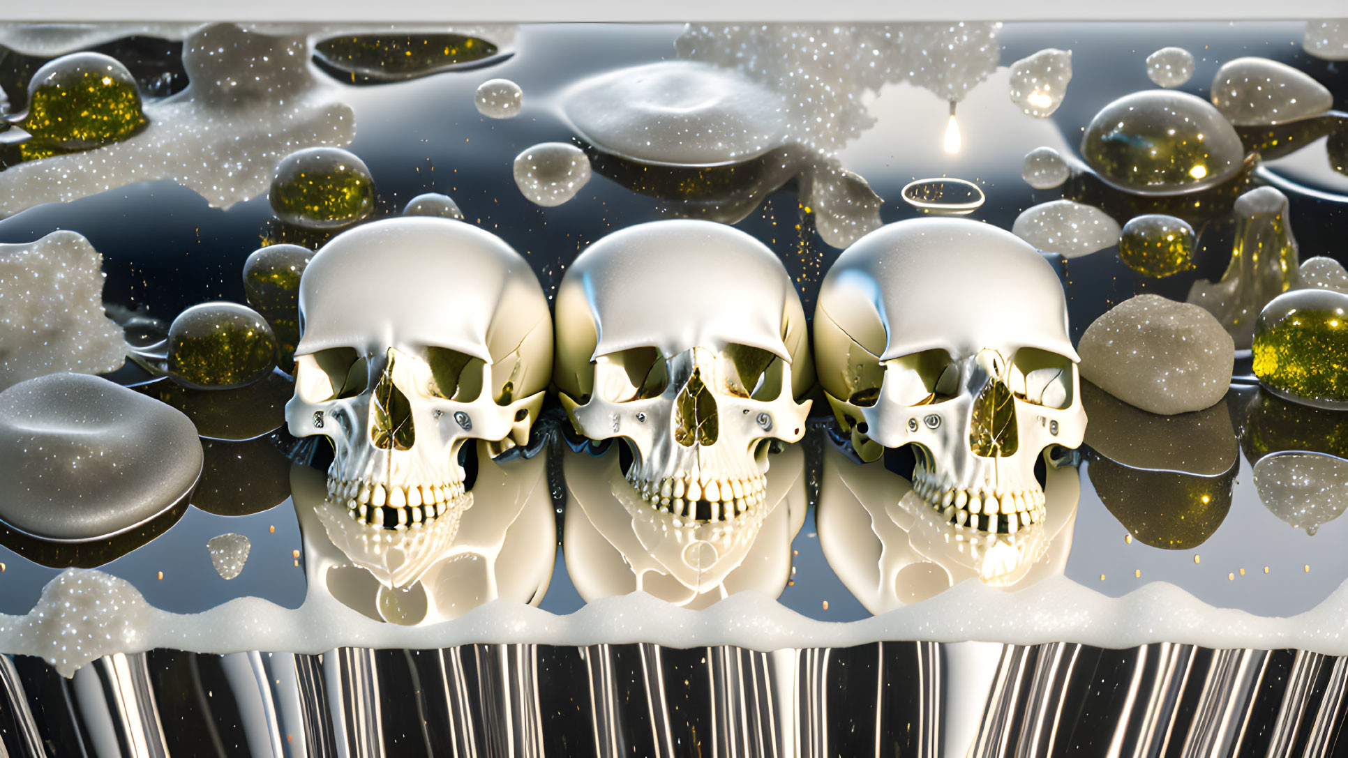 Skulls in Viscous Liquid with Bubbles and Reflective Surfaces