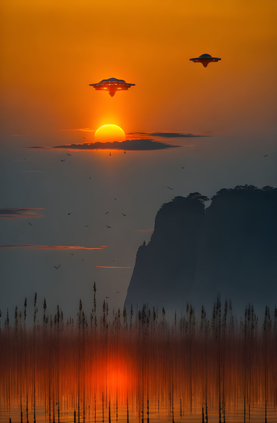 Vibrant sunset scene with UFOs, mountains, birds, and water