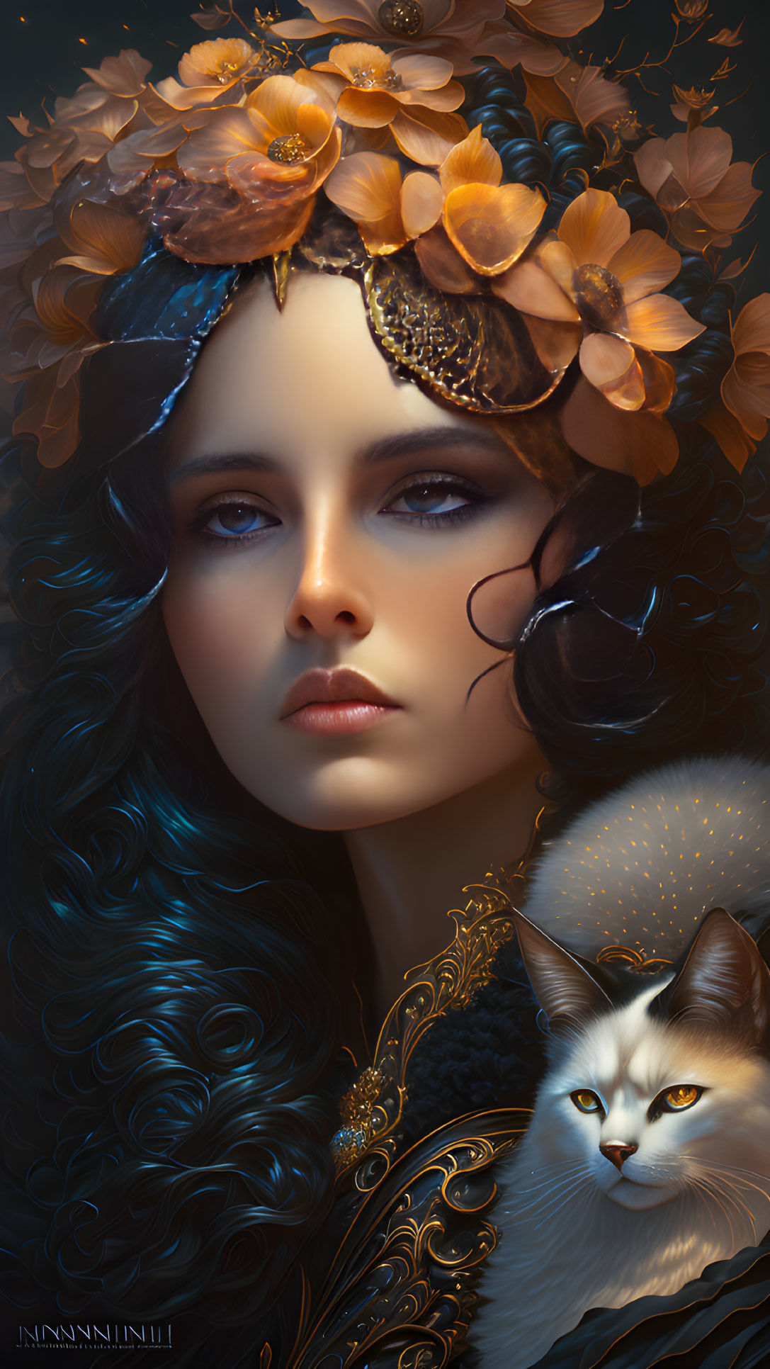 Dark Curly-Haired Woman Portrait with Golden Leaves and White Cat