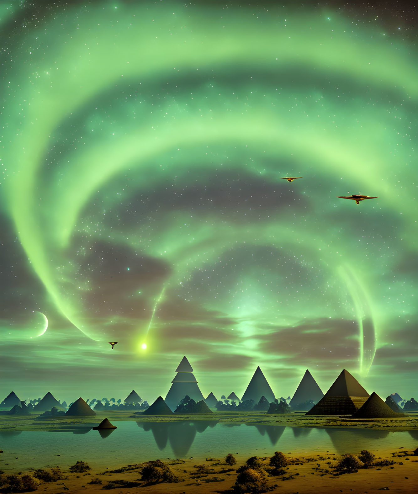 Vibrant green auroras over pyramid landscape with birds, crescent moon