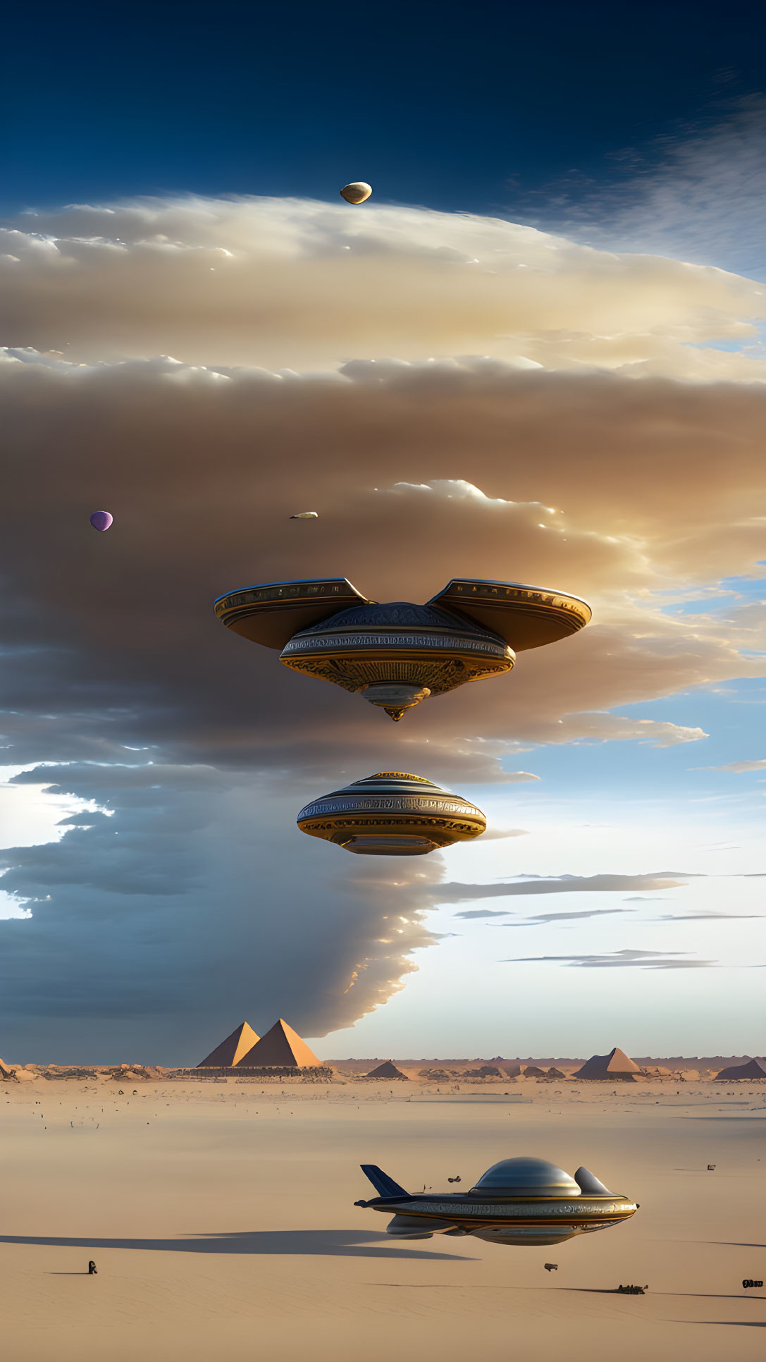 Digital art of three UFO crafts over desert pyramids under dramatic sky