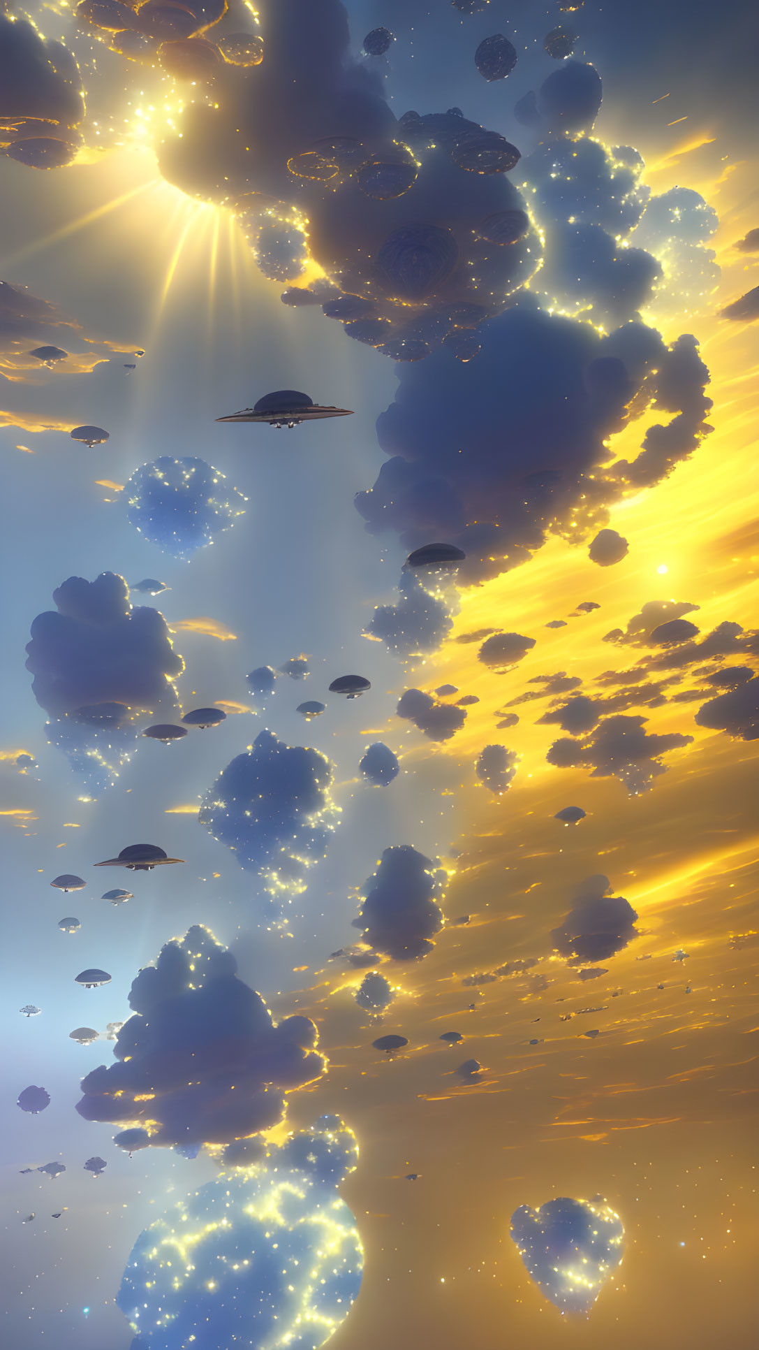 Surreal sky with floating islands and flying saucers in golden sunset