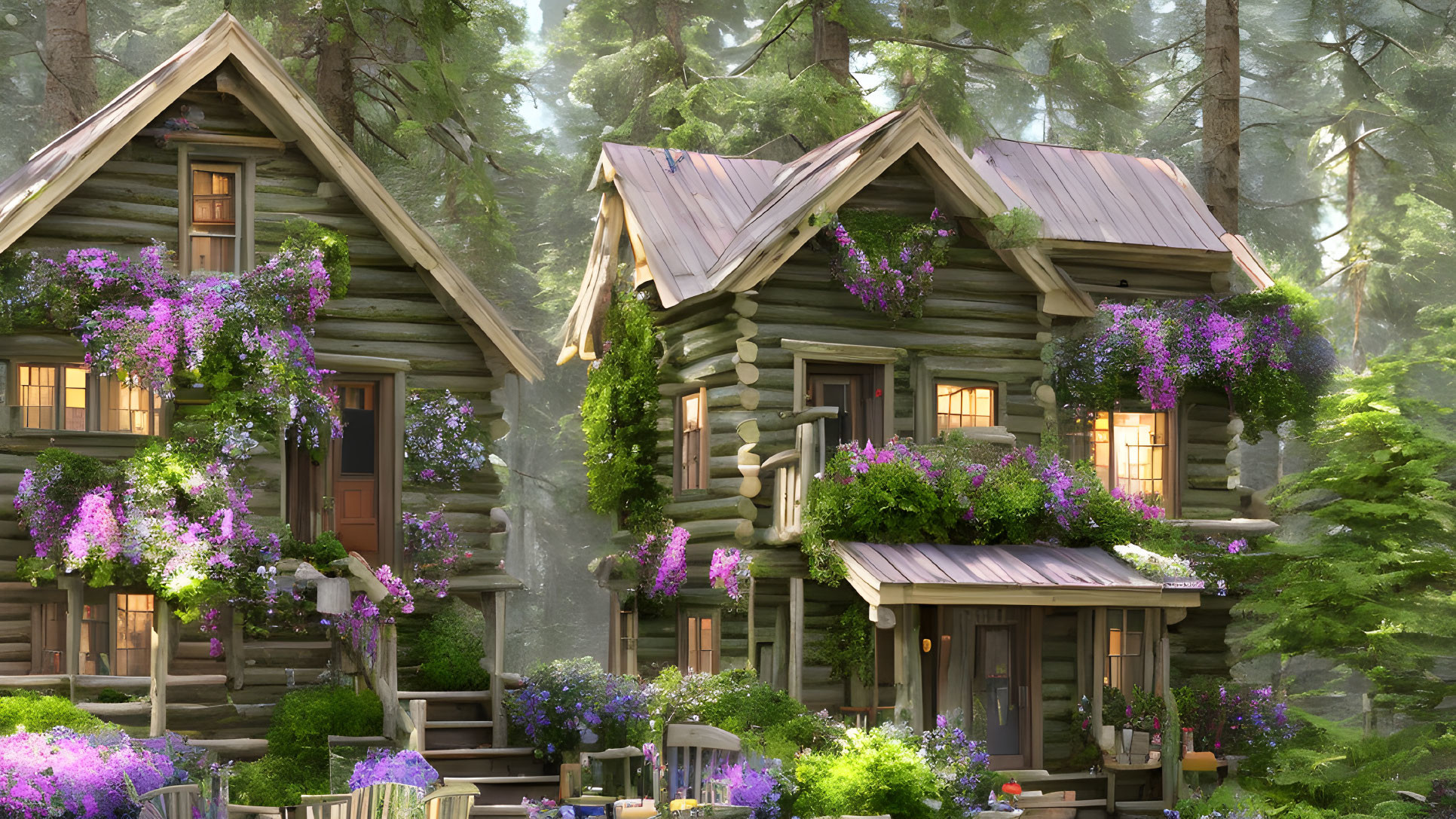 Tranquil forest scene: three log cabins with blooming wisteria