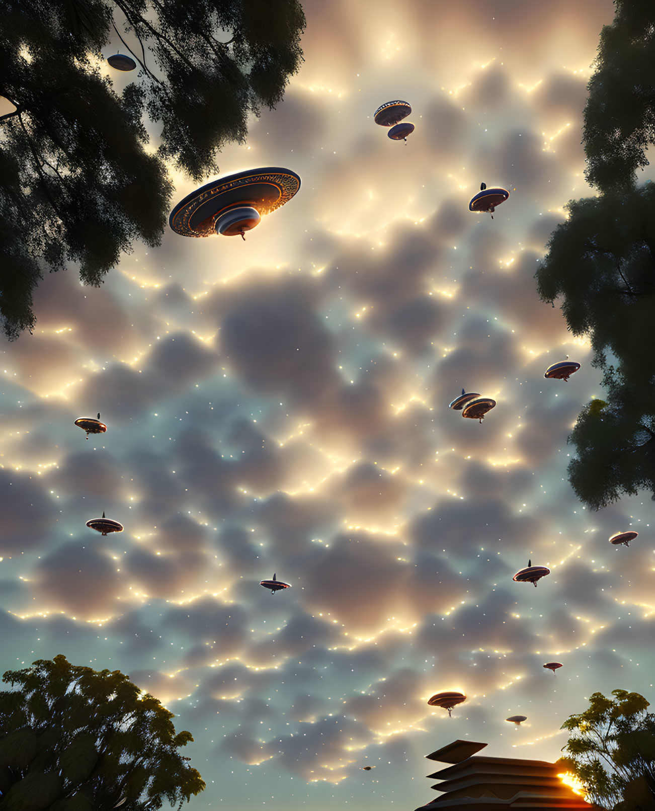 Numerous UFOs in surreal sky above golden clouds and silhouette of trees and building.