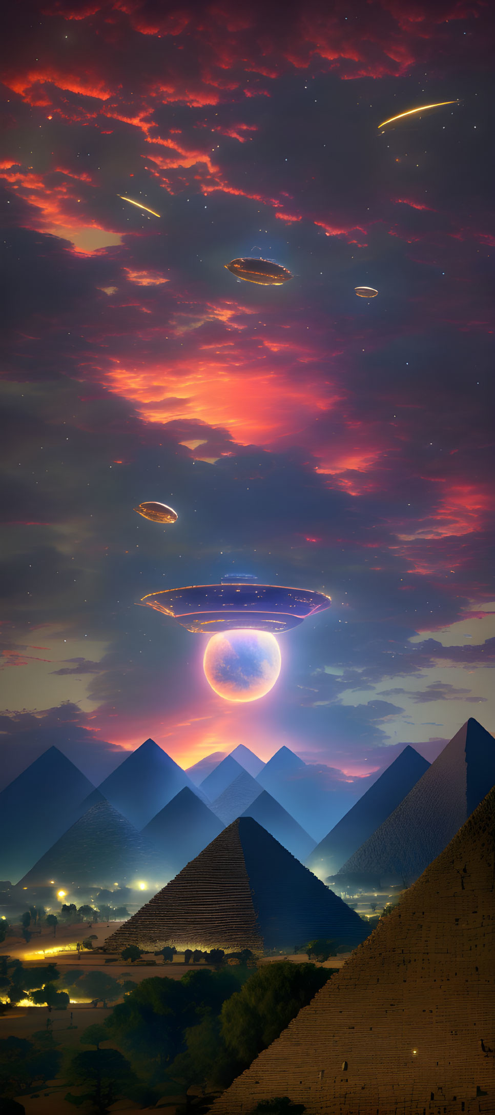 Fantastical UFOs above Egyptian pyramids with shooting stars and red twilight sky