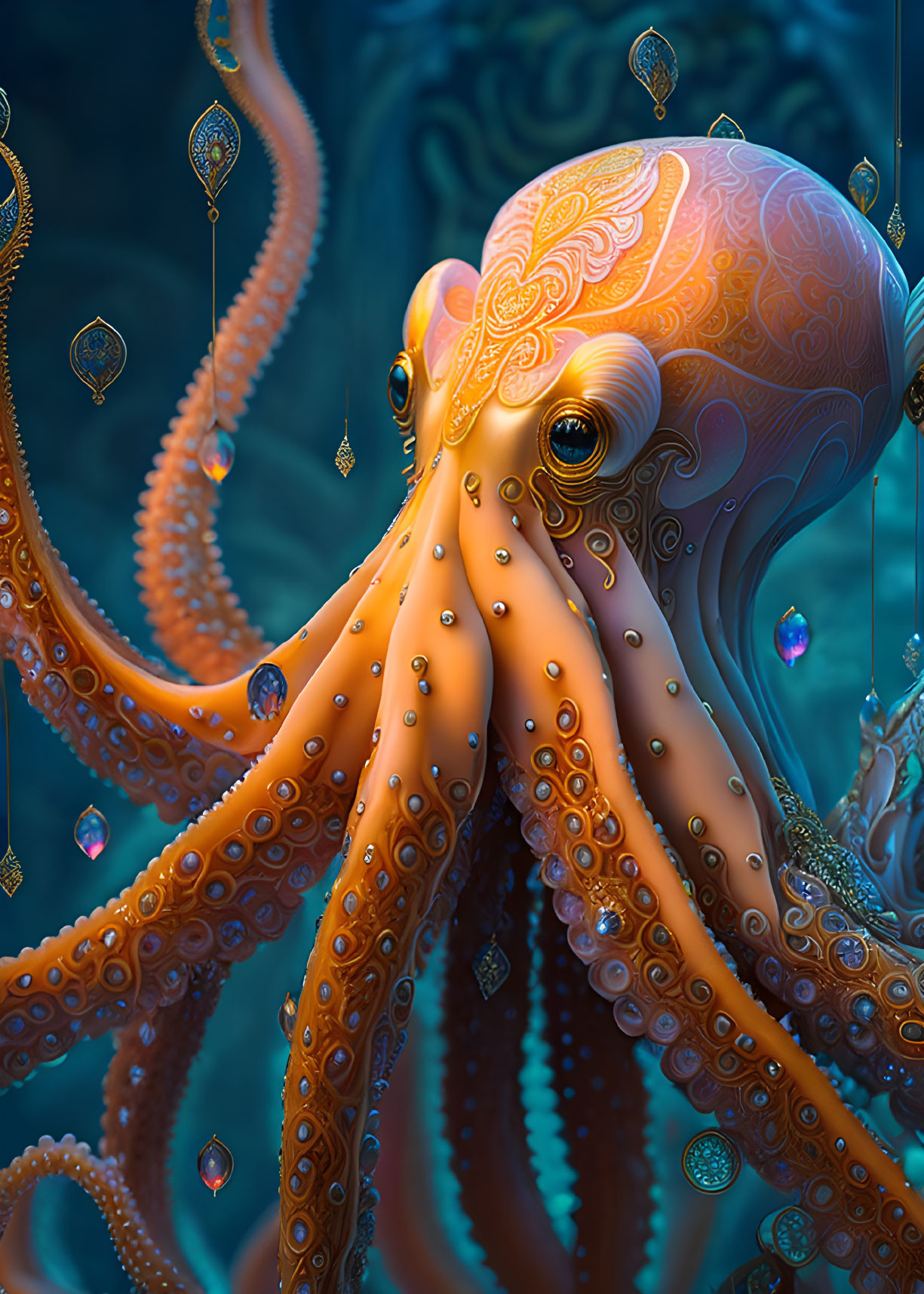 Orange Octopus with Sparkling Eyes and Jewels in Underwater Scene