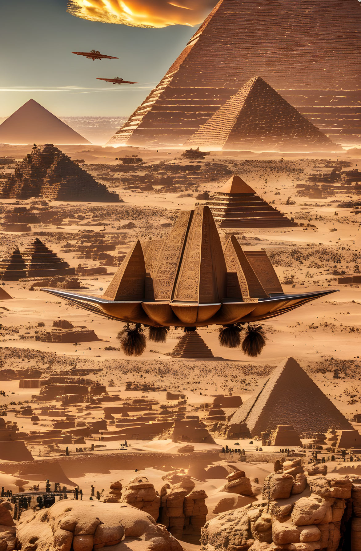 Futuristic pyramid among classic Egyptian pyramids under dramatic sky