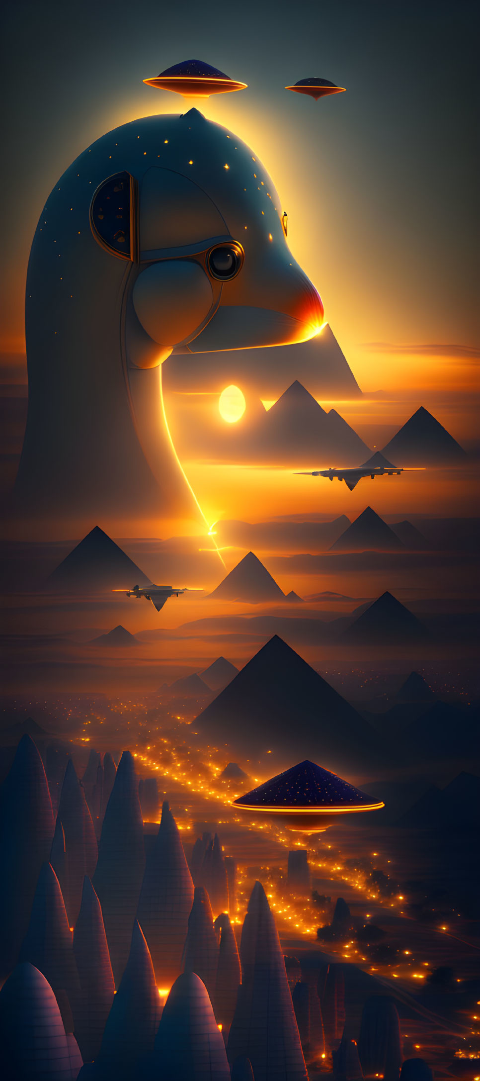 Futuristic sunset landscape with pyramids, robot head, and flying saucers