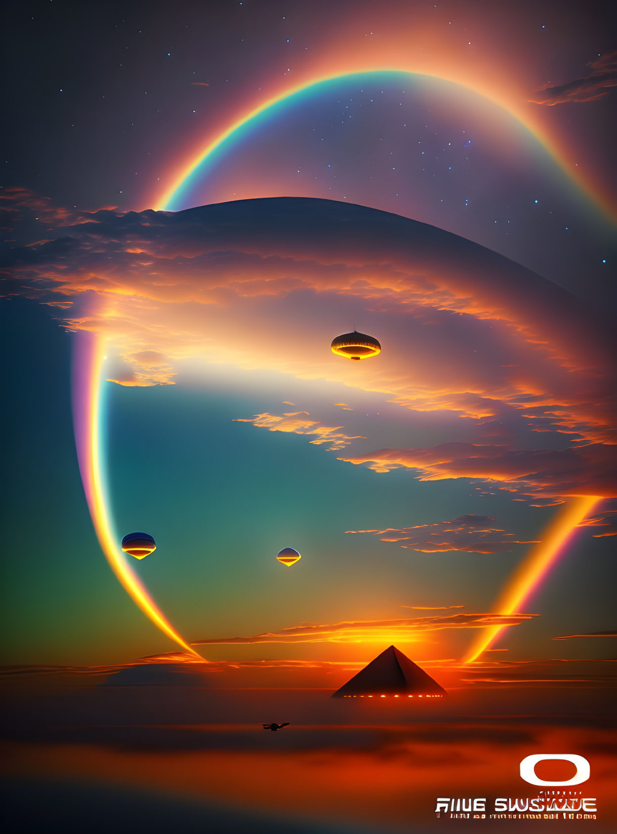 Surreal artwork featuring planet, rainbow rings, balloons, pyramid, silhouette, and orange sky.