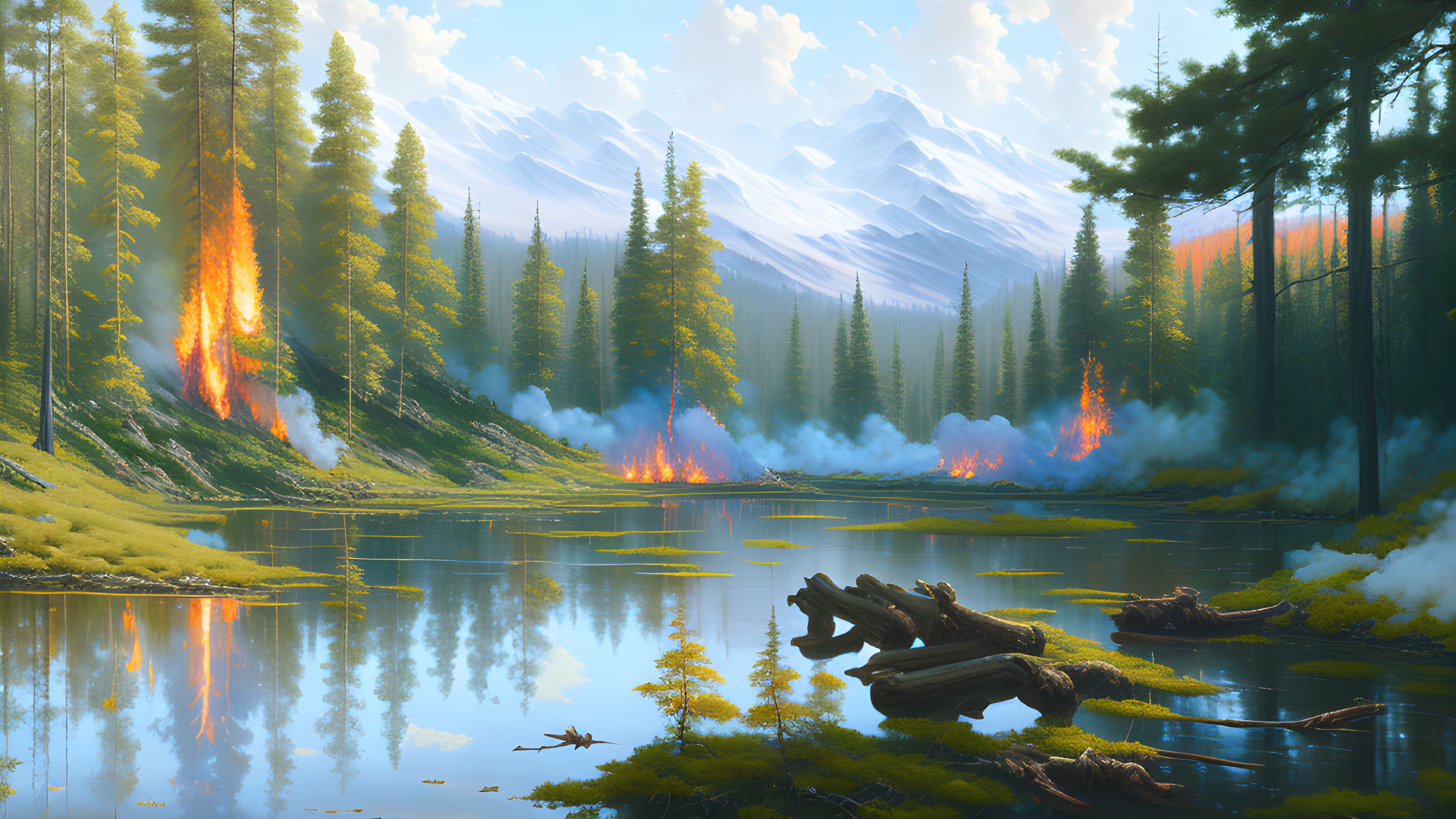 Mountain lake mirroring peaks and fiery forest with rising smoke under clear sky