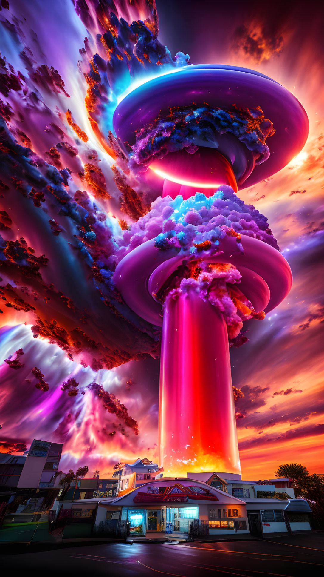 Violet Mushroom Cloud Over Street at Sunset