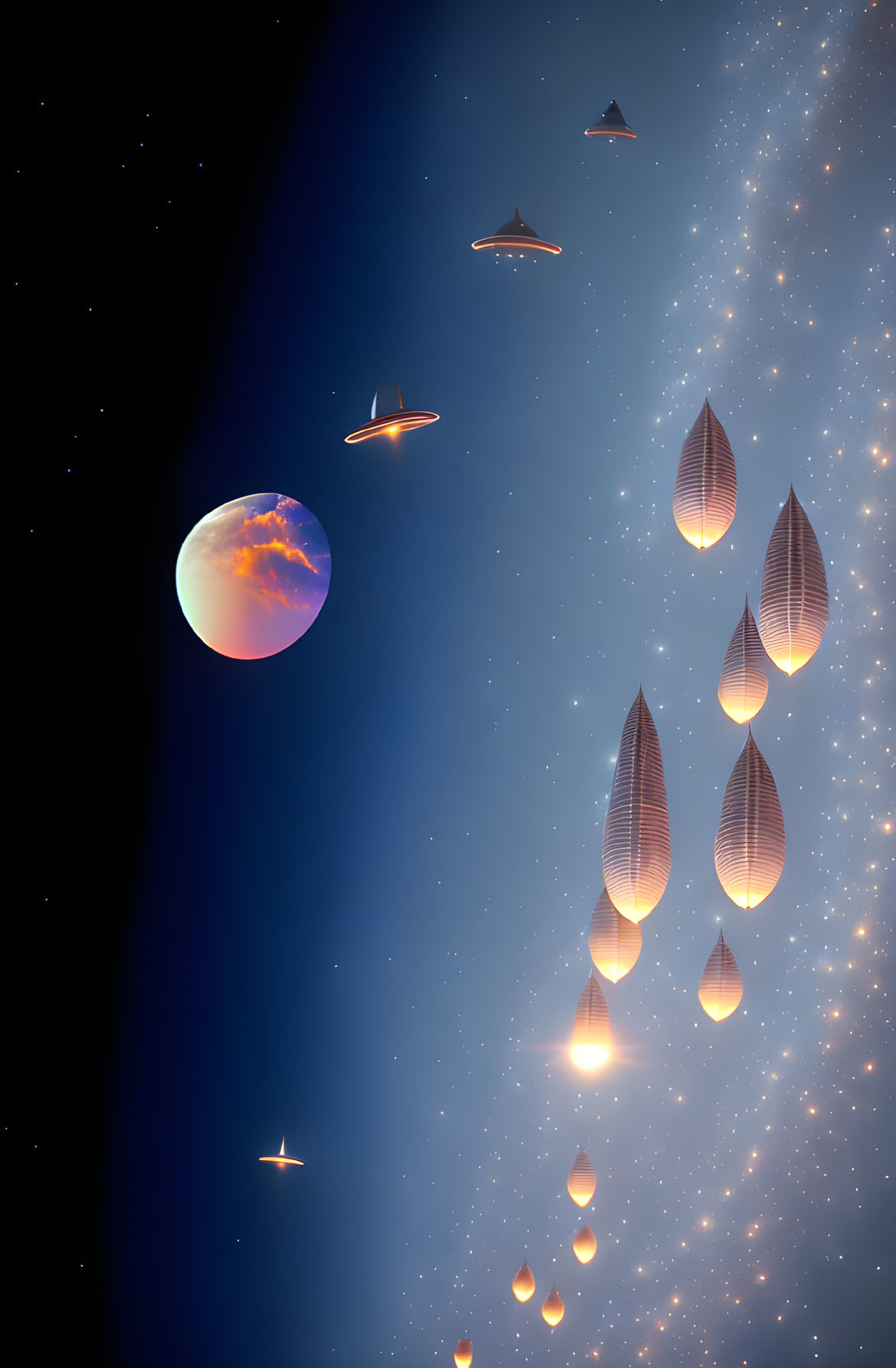 Surreal space scene with leaf-shaped spacecraft and vibrant planet