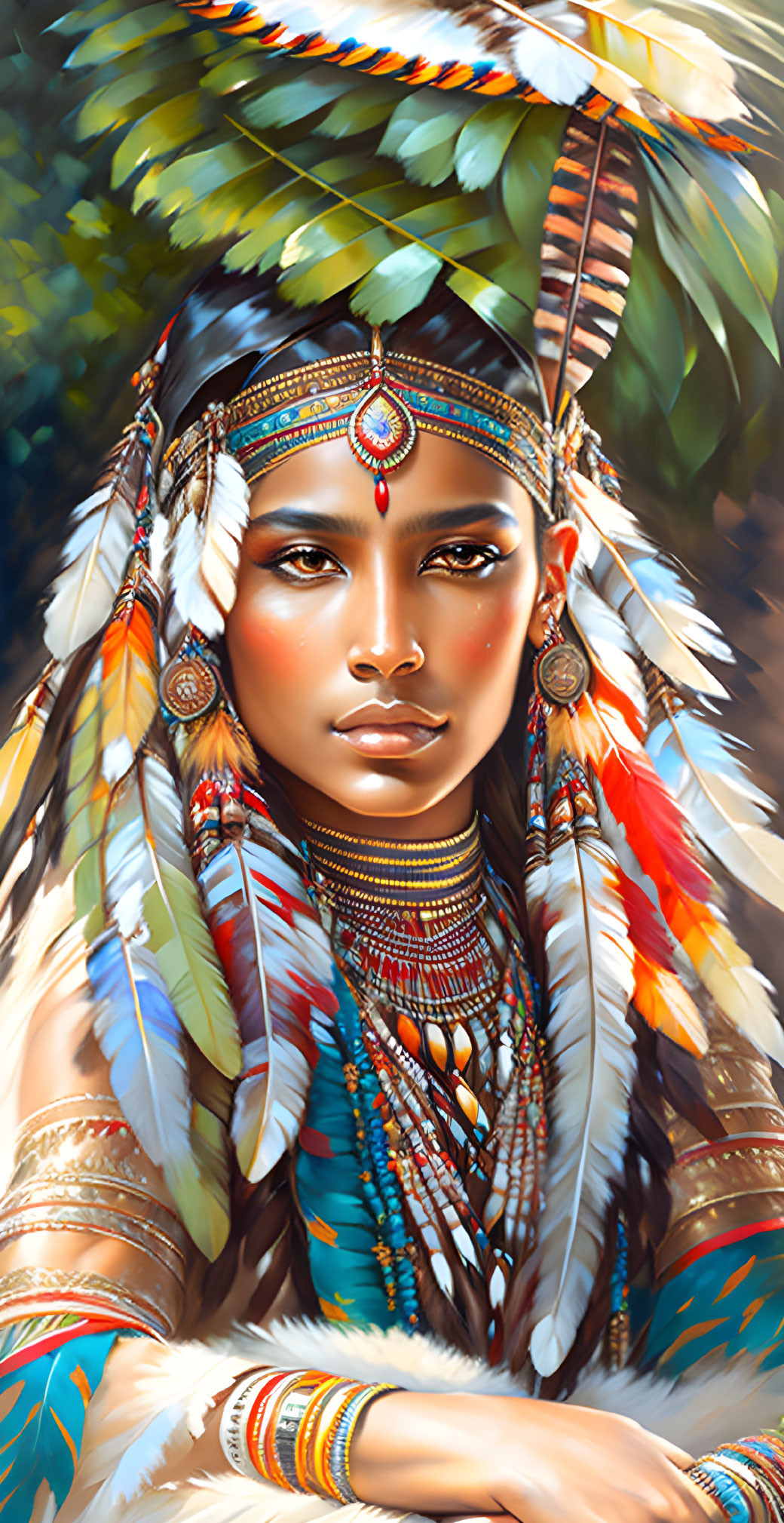 Digital artwork of woman in Native American headdress with vibrant feathers and beadwork