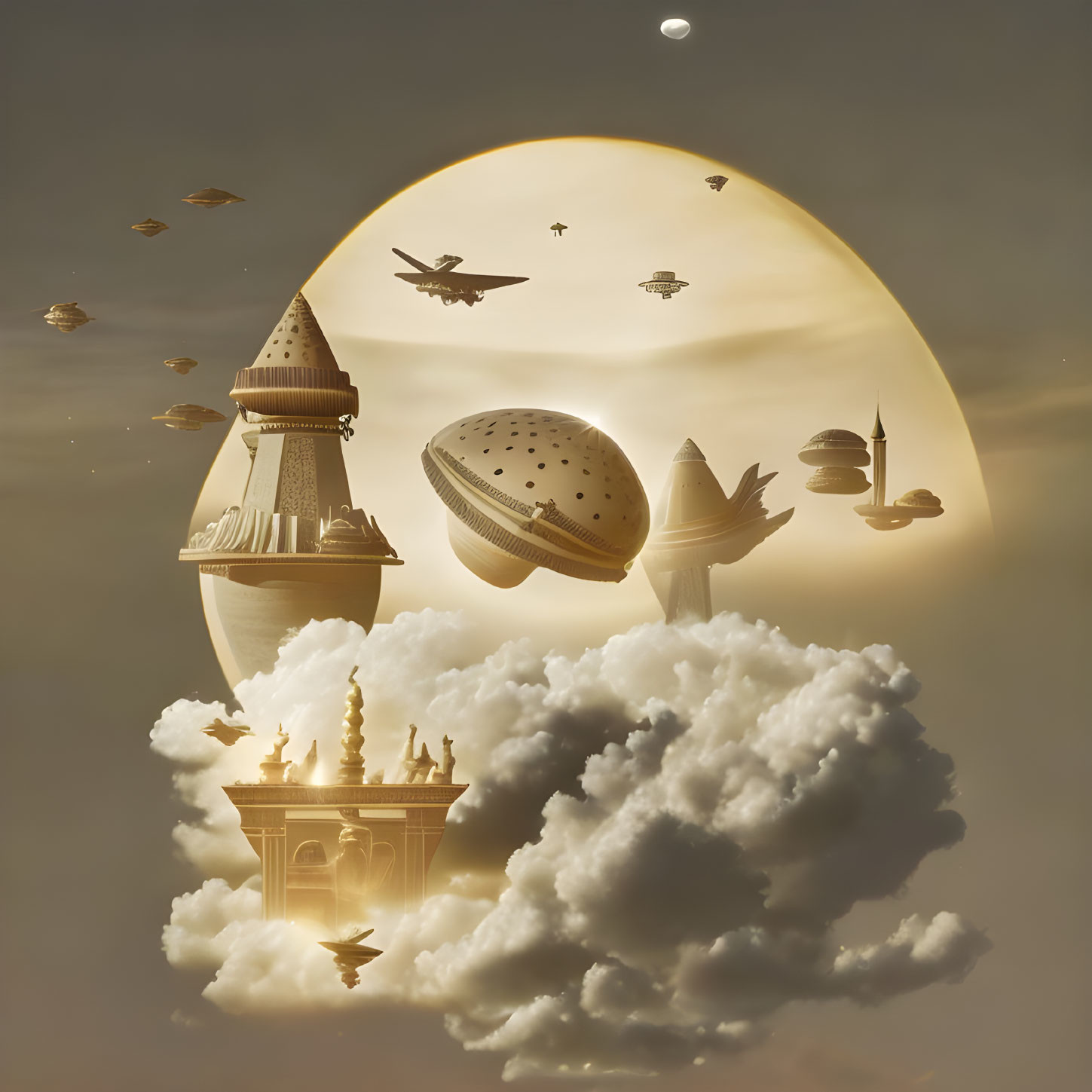 Surreal Floating Architecture in Sky with Moon and Birds