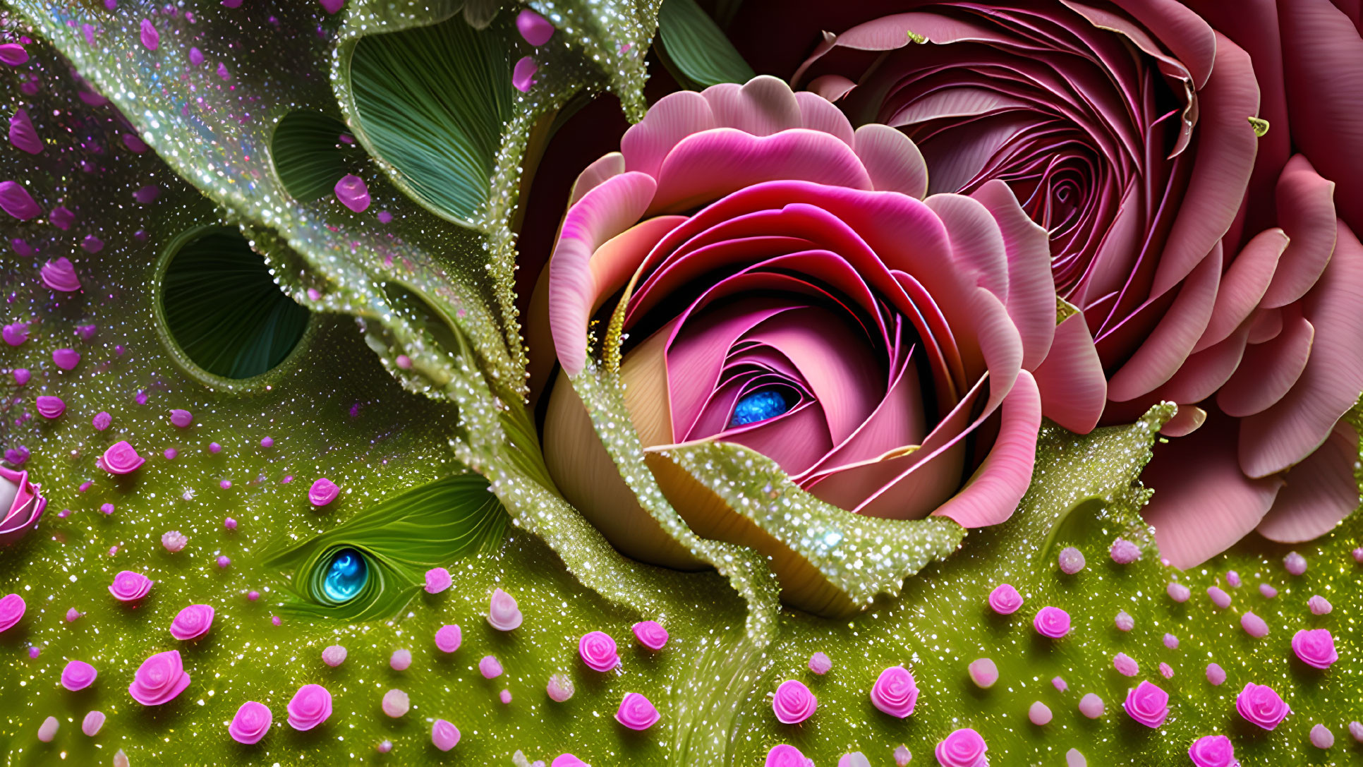 Colorful digital artwork featuring multilayered roses, surreal eye, dewdrops, and flowers on